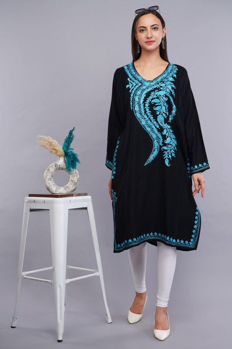Black Pheran with Bluish Cyan Paisley Aari Embroidery - Kashmiri Pheran