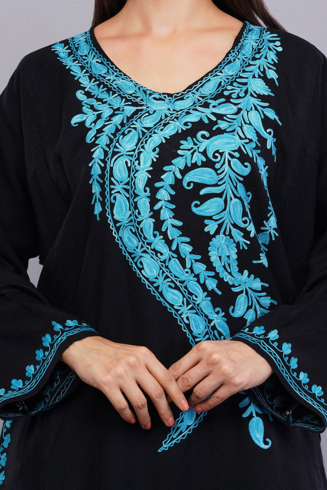 Black Pheran with Bluish Cyan Paisley Aari Embroidery - Kashmiri Pheran