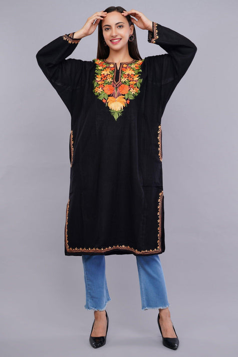 Black Pheran with Floral Poshkaar Design Aari Embroidery - Kashmiri Pheran