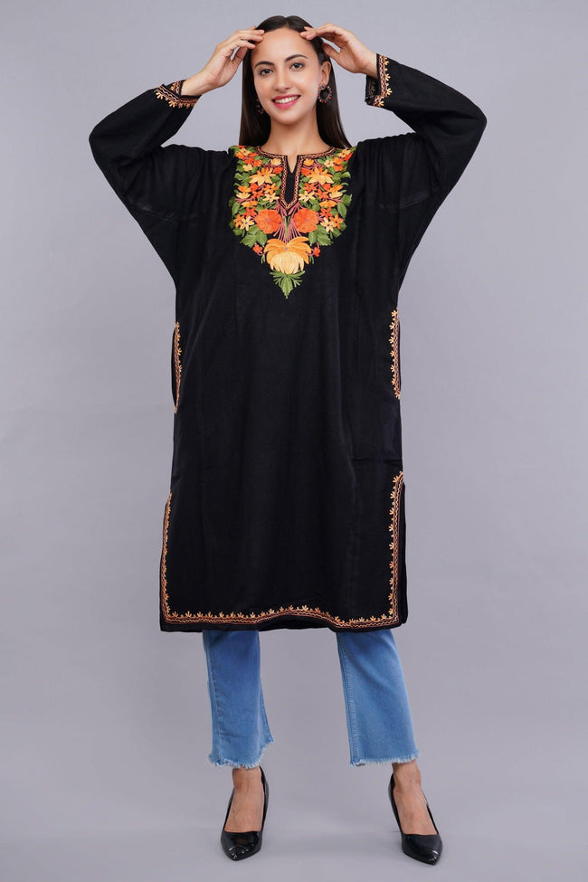 Black Pheran with Floral Poshkaar Design Aari Embroidery - Kashmiri Pheran