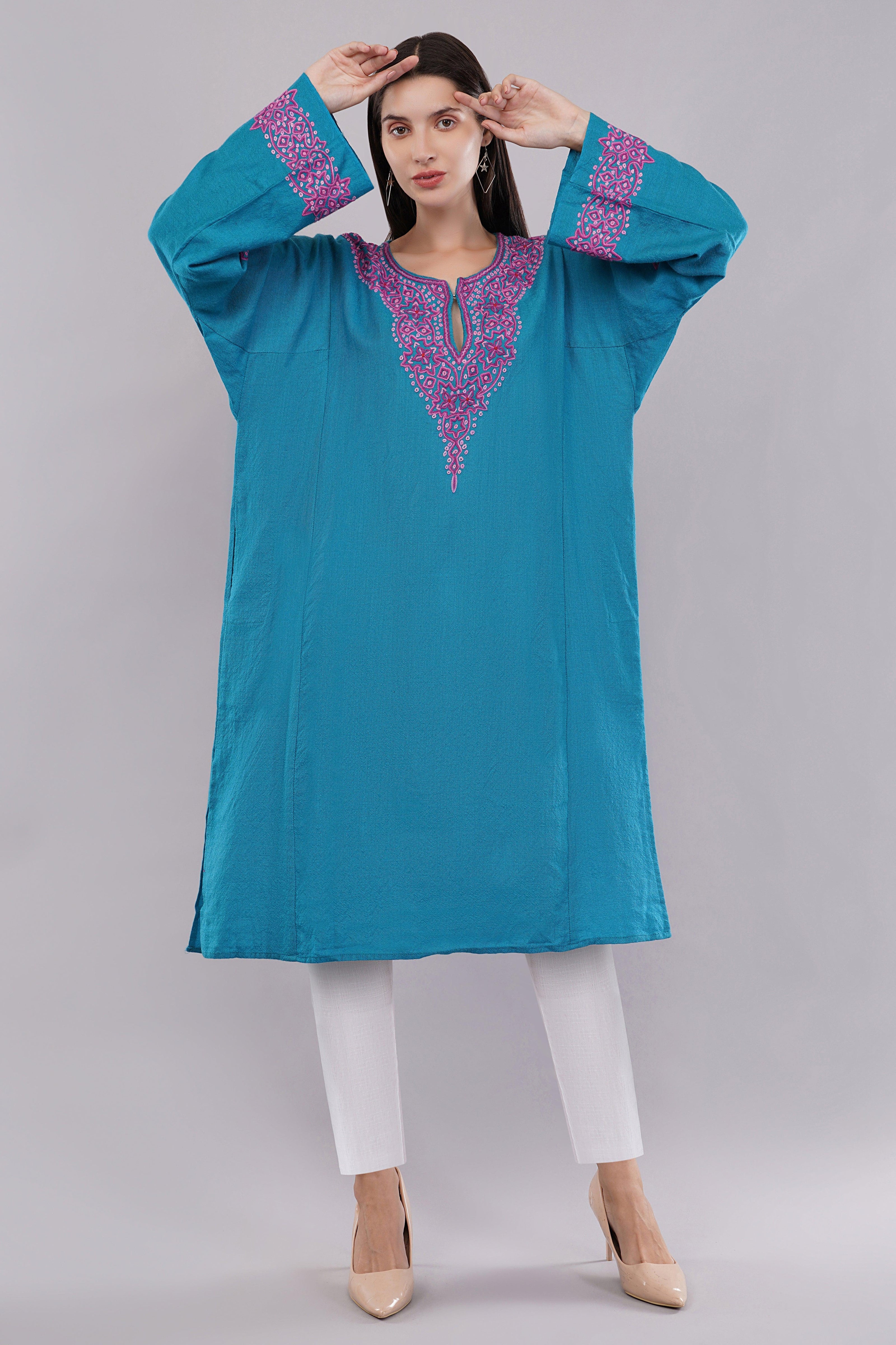 Curious Blue Kashmiri Woolen Pheran with Pink & Magenta Aari Embroidery