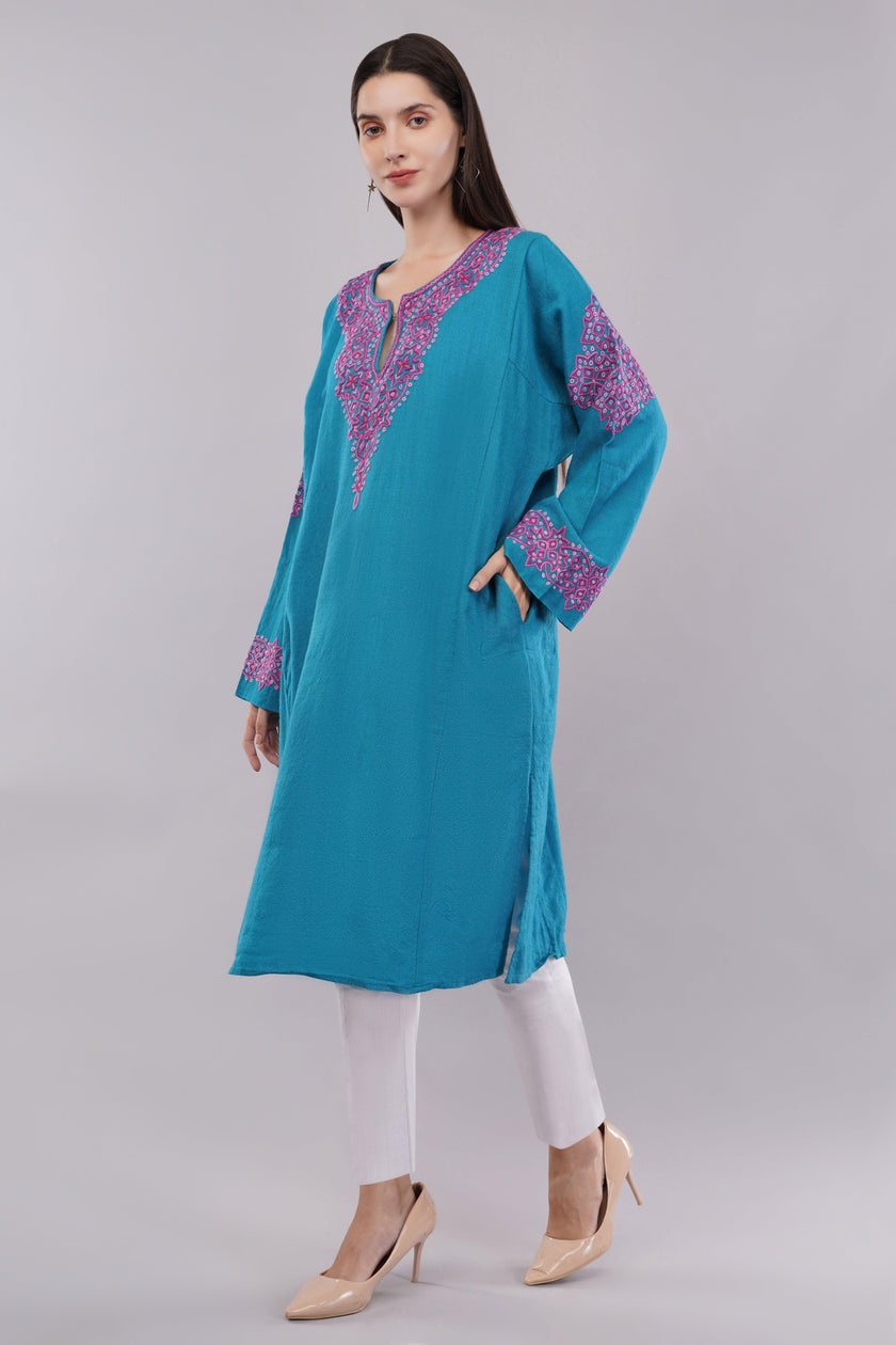 Curious Blue Kashmiri Woolen Pheran with Pink & Magenta Aari Embroidery