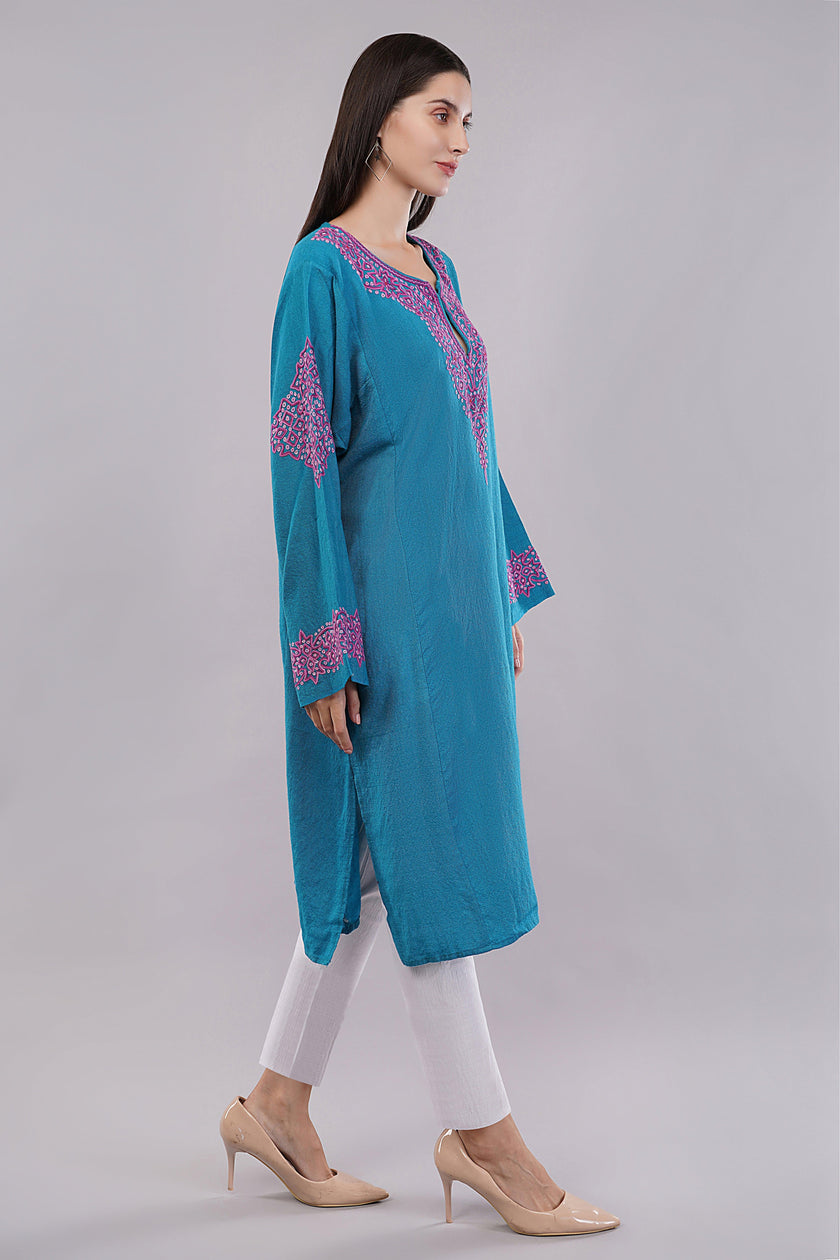 Curious Blue Kashmiri Woolen Pheran with Pink & Magenta Aari Embroidery