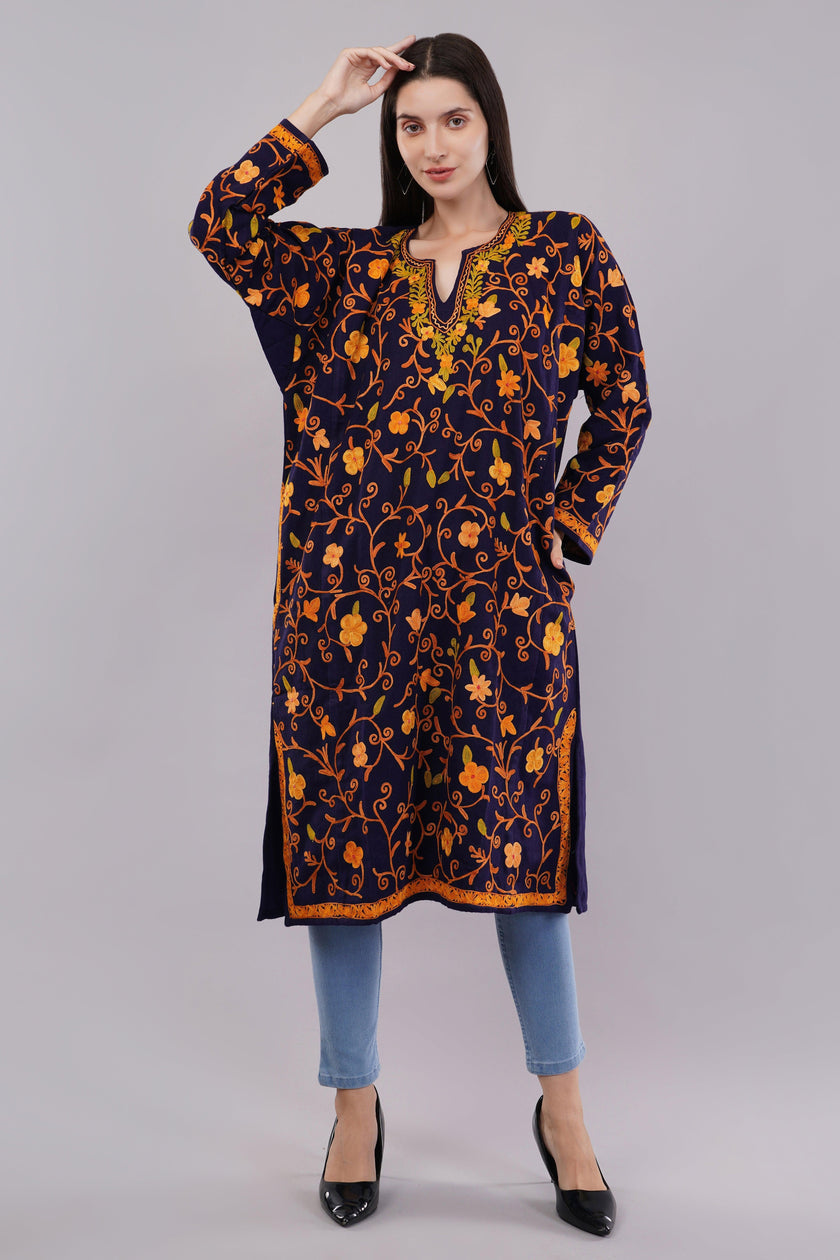 Dark Indigo Blue Kashmiri Pheran with Full Jamwar Aari Embroidery