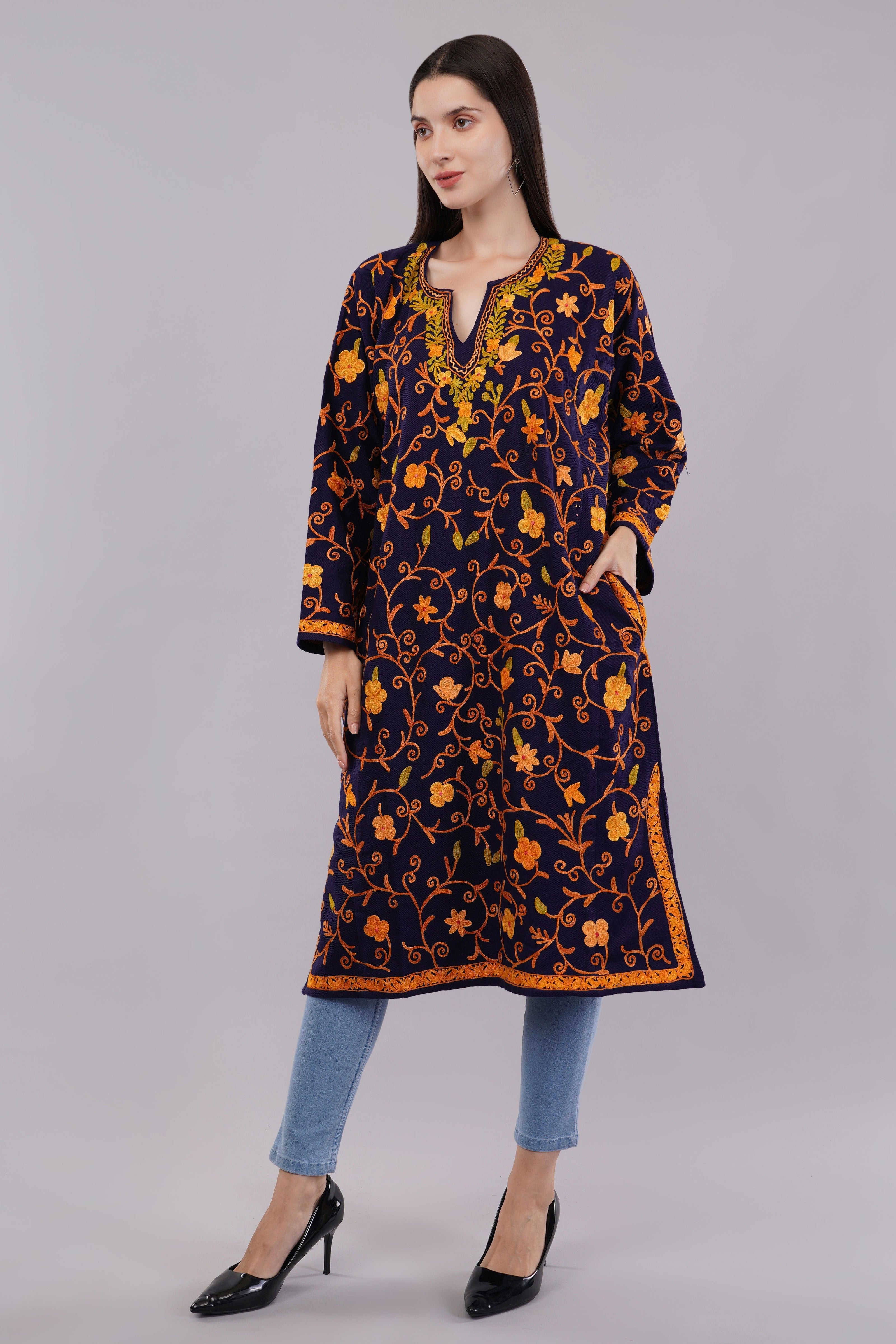 Dark Indigo Blue Kashmiri Pheran with Full Jamwar Aari Embroidery