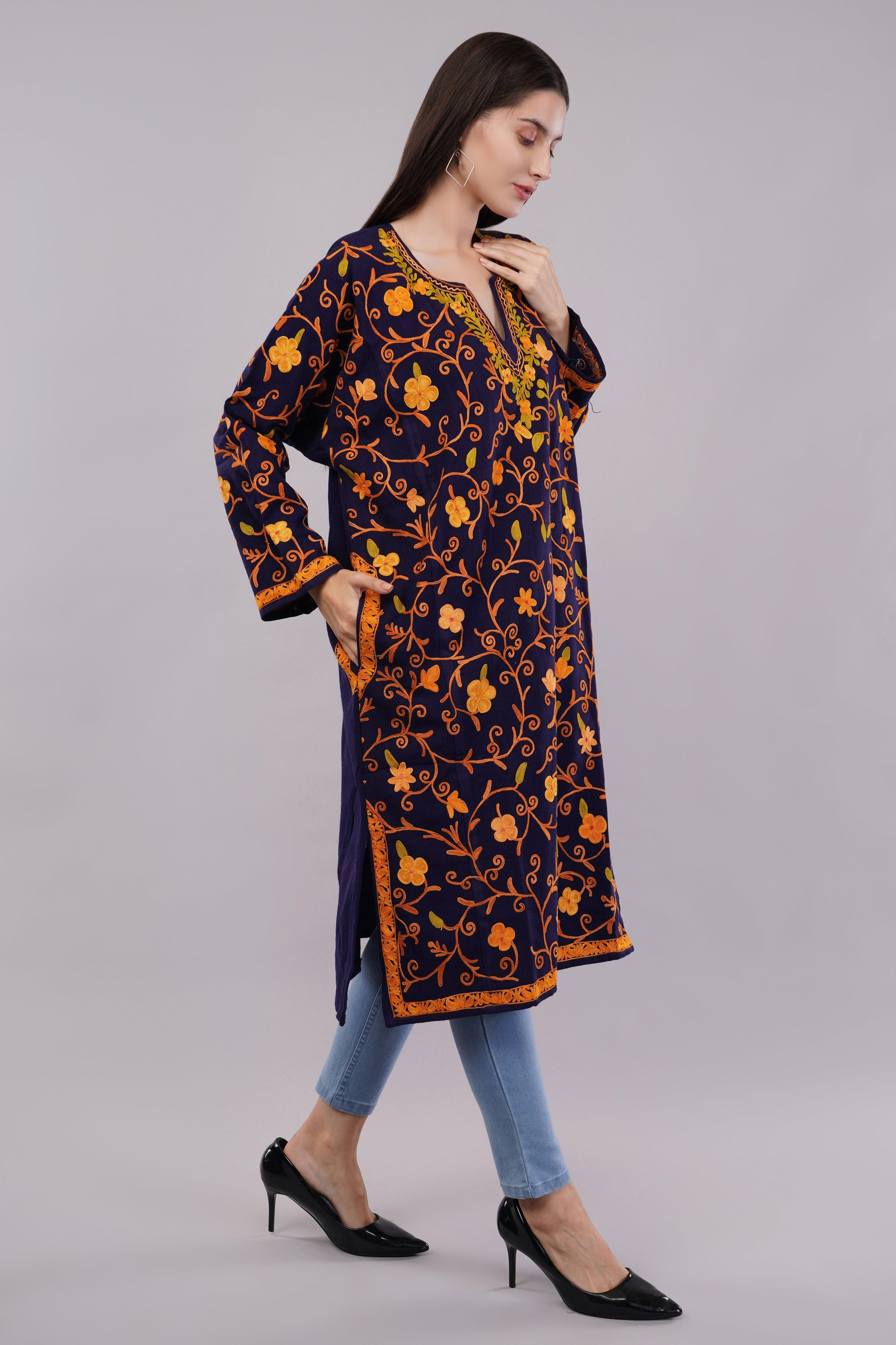 Dark Indigo Blue Kashmiri Pheran with Full Jamwar Aari Embroidery