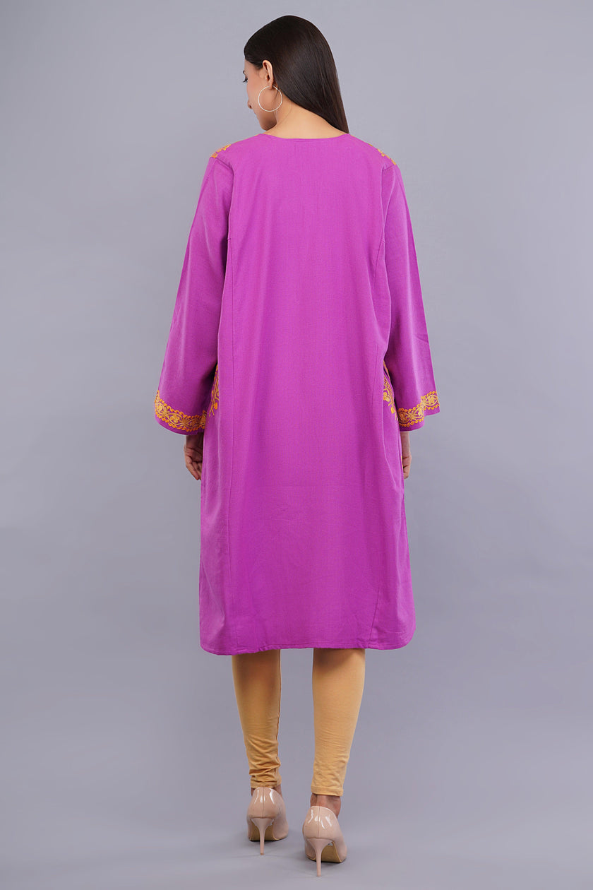 Pink Kashmiri Pheran with Yellow Floral Aari Embroidery