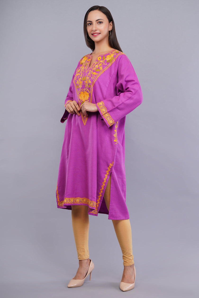 Pink Kashmiri Pheran with Yellow Floral Aari Embroidery