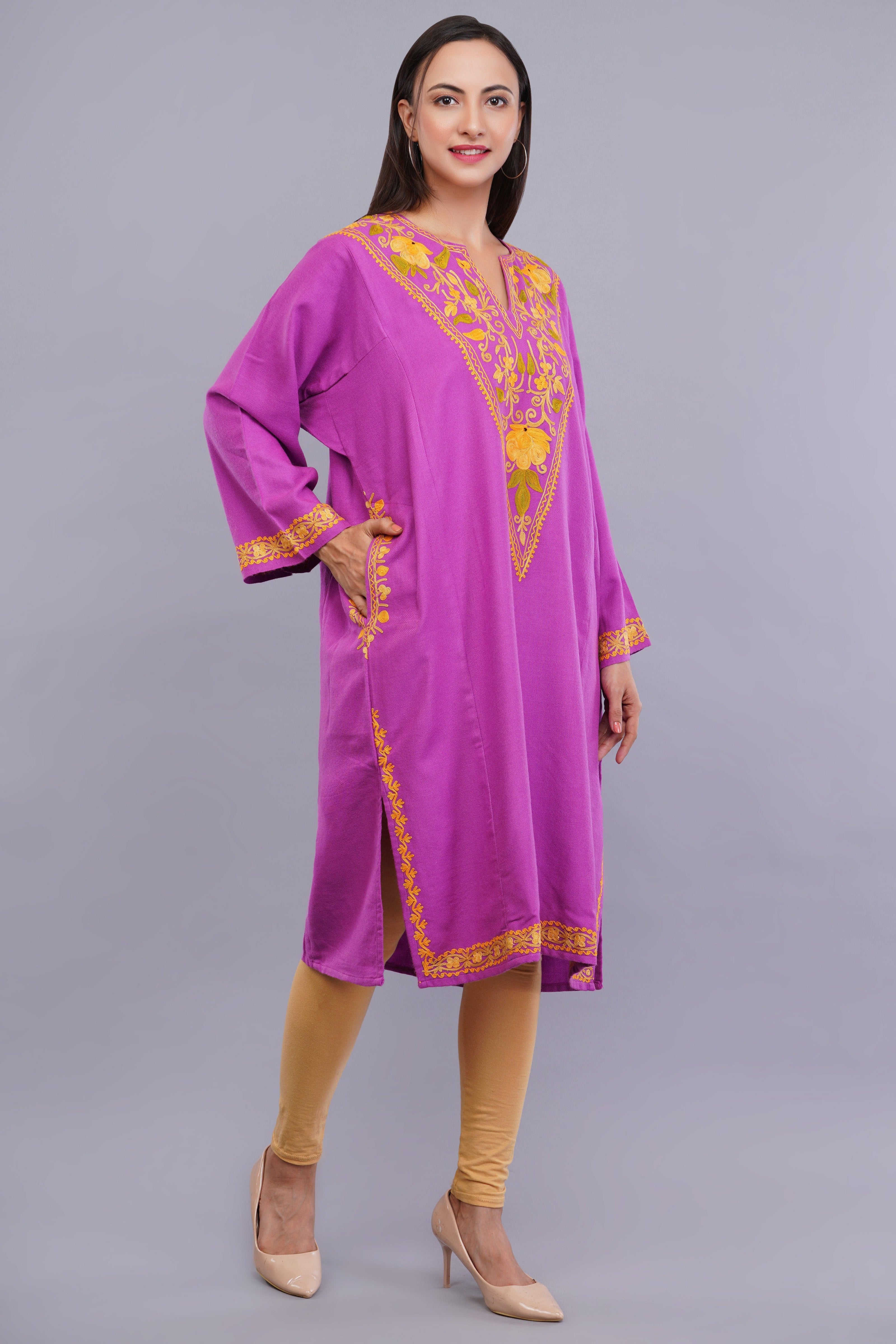 Pink Kashmiri Pheran with Yellow Floral Aari Embroidery