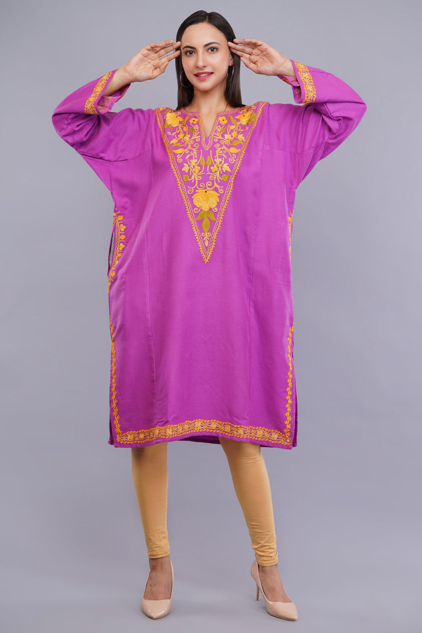 Pink Kashmiri Pheran with Yellow Floral Aari Embroidery