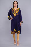 Blue Fine Cashmilon Pheran with Orange and Yellow Floral Aari Embroidery