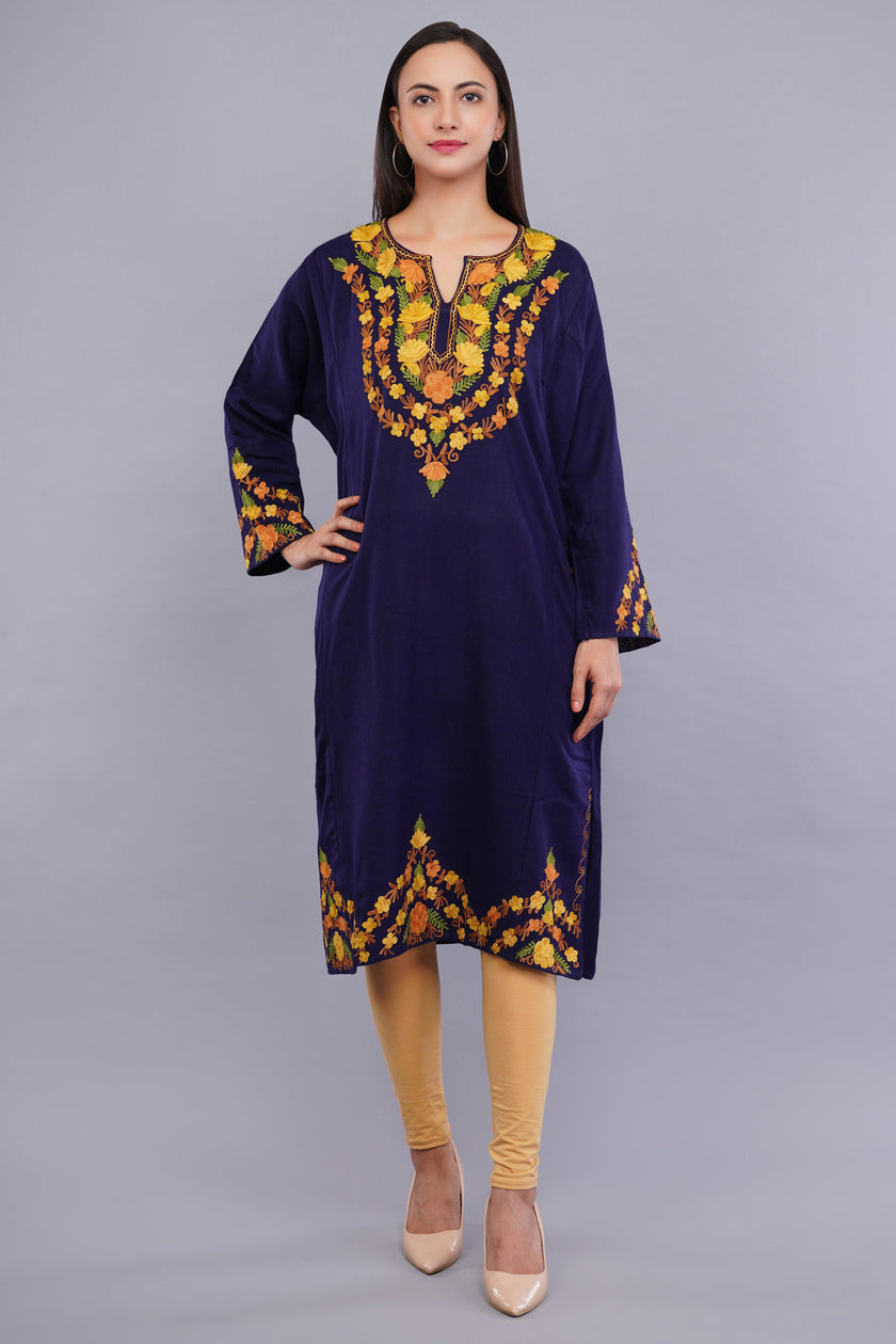 Blue Fine Cashmilon Pheran with Orange and Yellow Floral Aari Embroidery