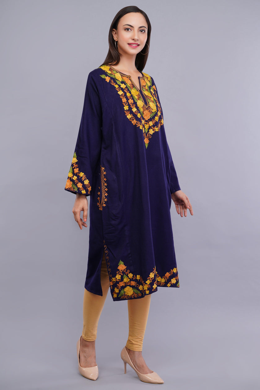 Blue Fine Cashmilon Pheran with Orange and Yellow Floral Aari Embroidery
