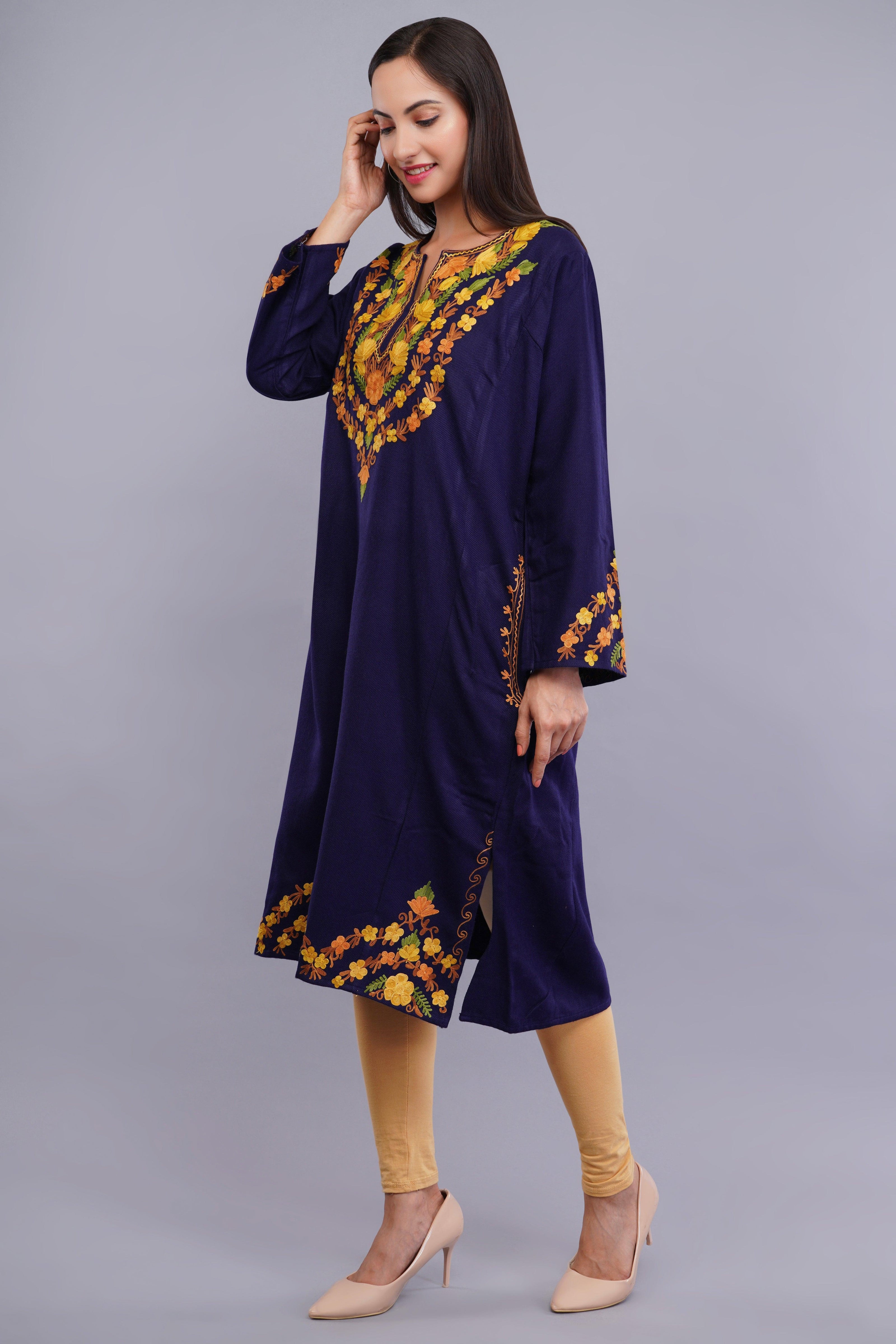 Blue Fine Cashmilon Pheran with Orange and Yellow Floral Aari Embroidery