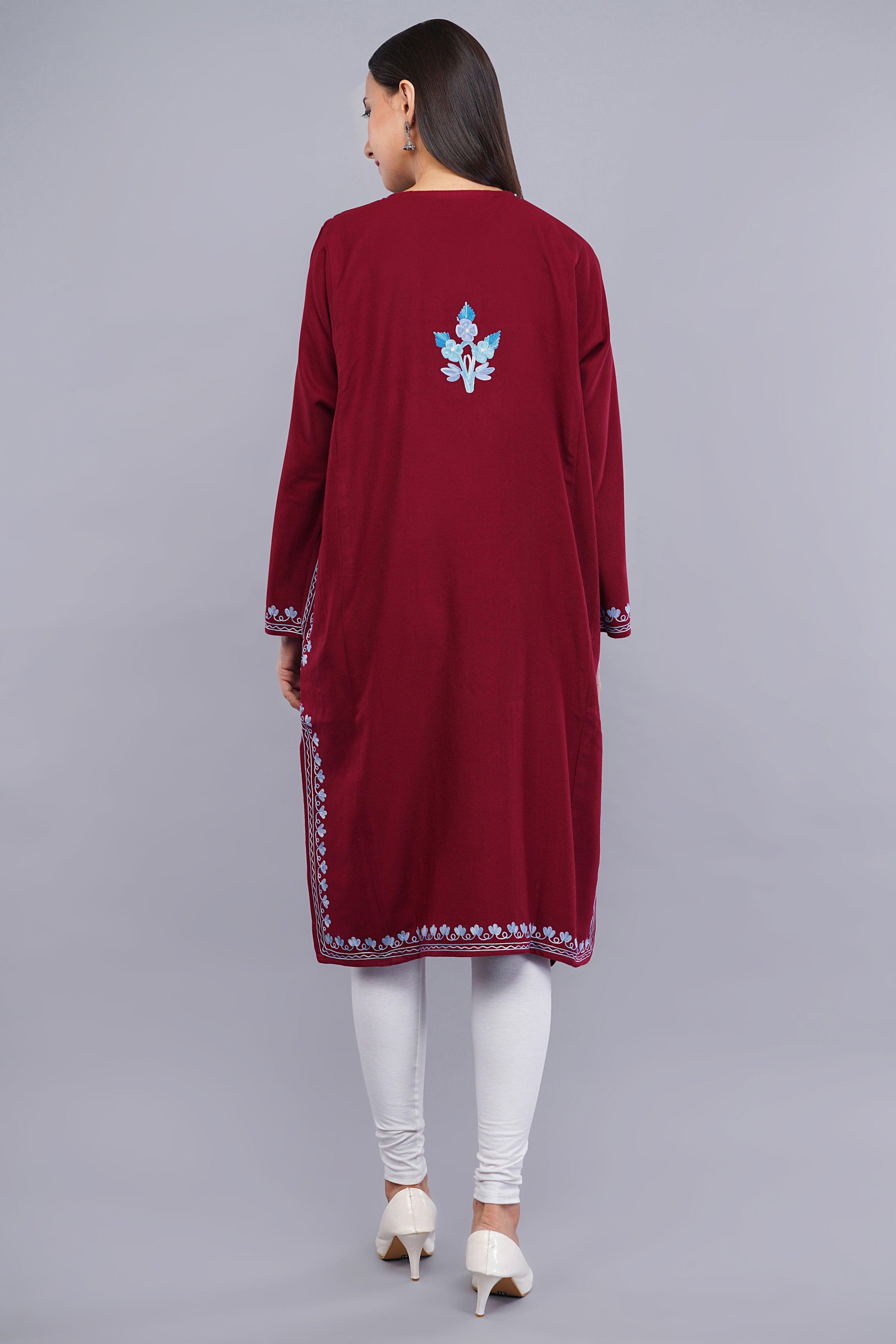 Maroon Fine Cashmilon Pheran with Blue Floral Aari Embroidery