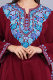 Maroon Fine Cashmilon Pheran with Blue Floral Aari Embroidery