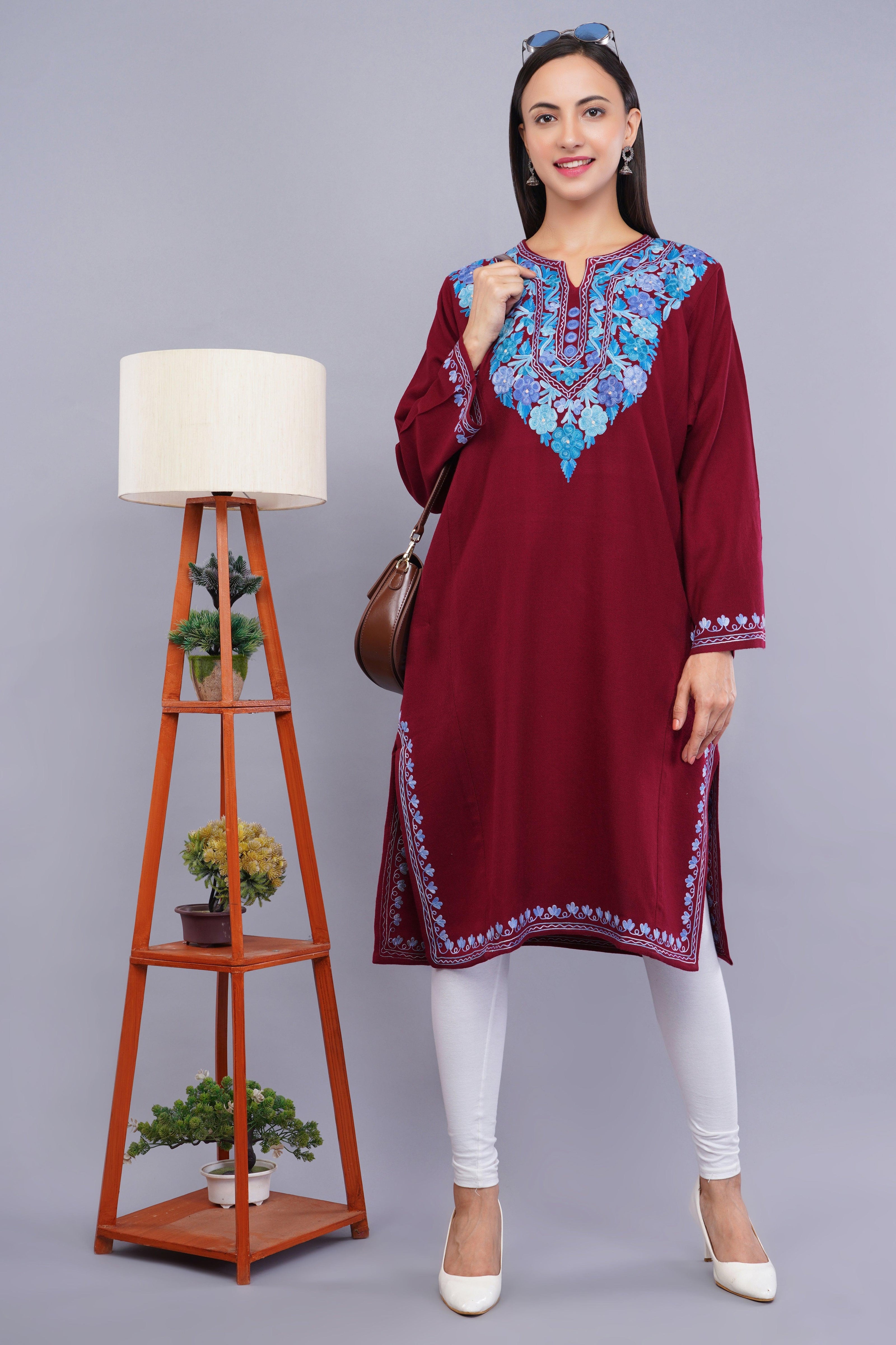 Maroon Fine Cashmilon Pheran with Blue Floral Aari Embroidery
