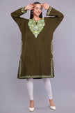 Brown Tumbleweed Pheran with Light Olive and Telish Green Aari Embroidery