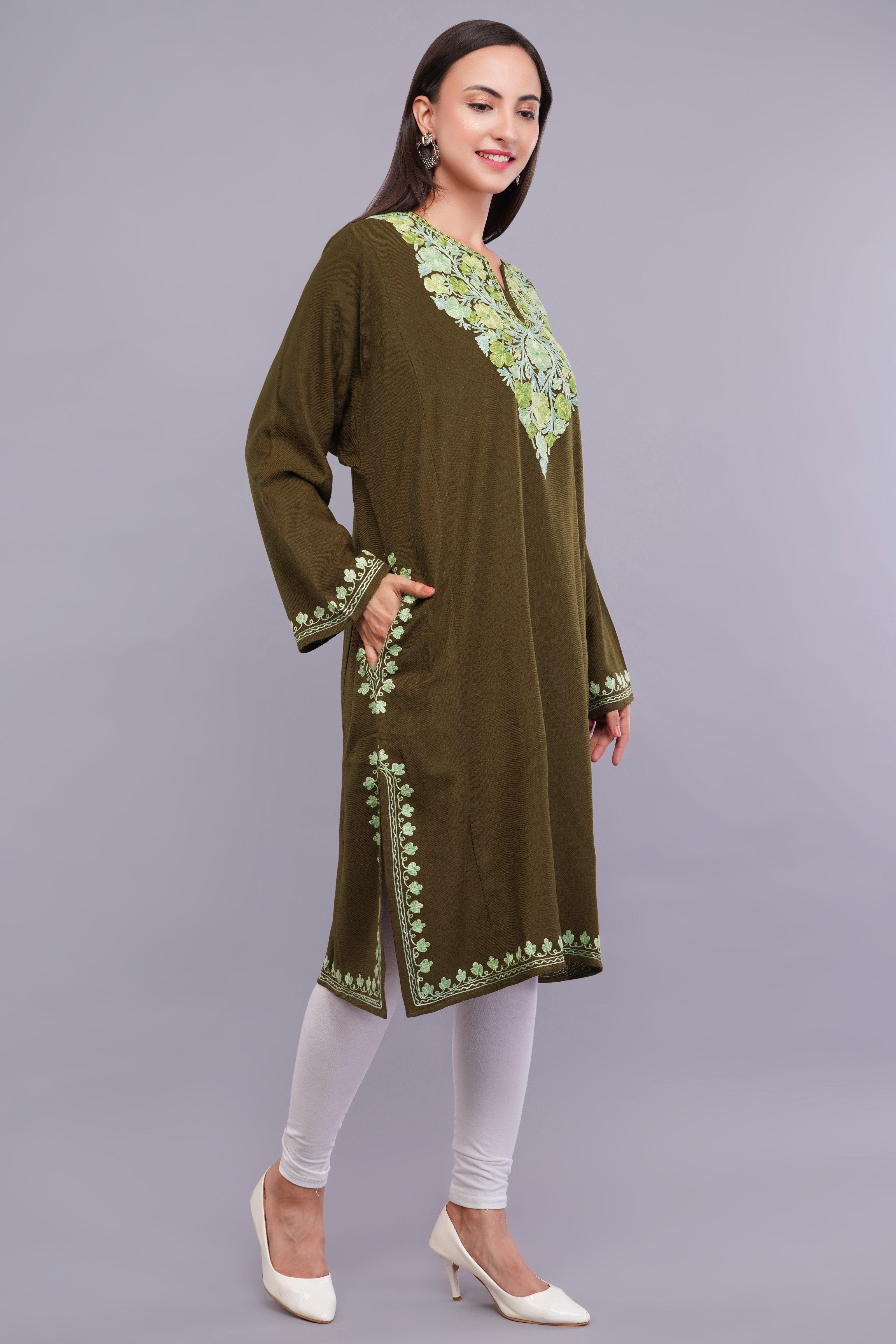 Brown Tumbleweed Pheran with Light Olive and Telish Green Aari Embroidery