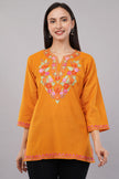 Saffron Bloom Kashmiri Kurti with Multicolour Aari Embroidery
