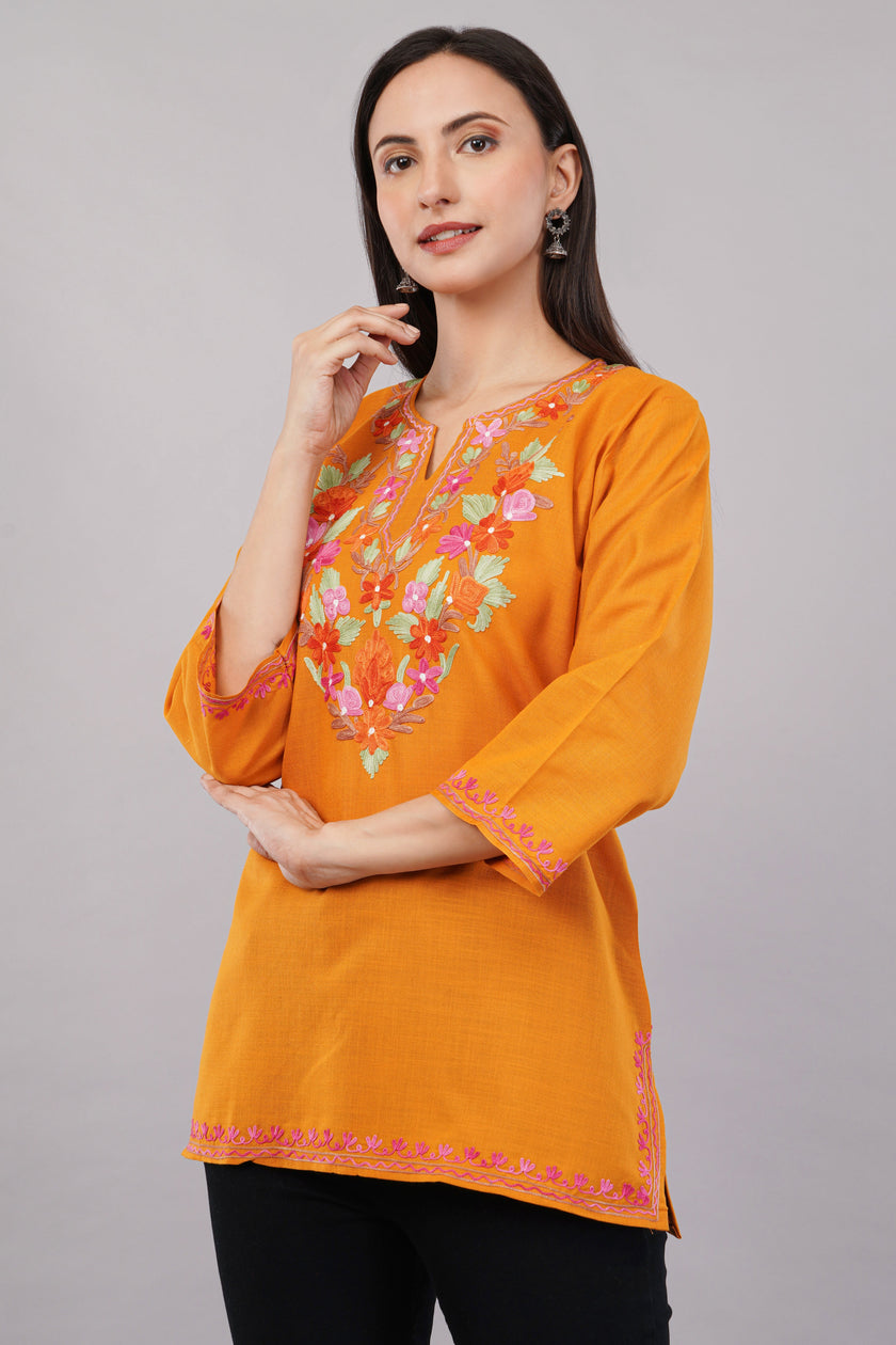 Saffron Bloom Kashmiri Kurti with Multicolour Aari Embroidery