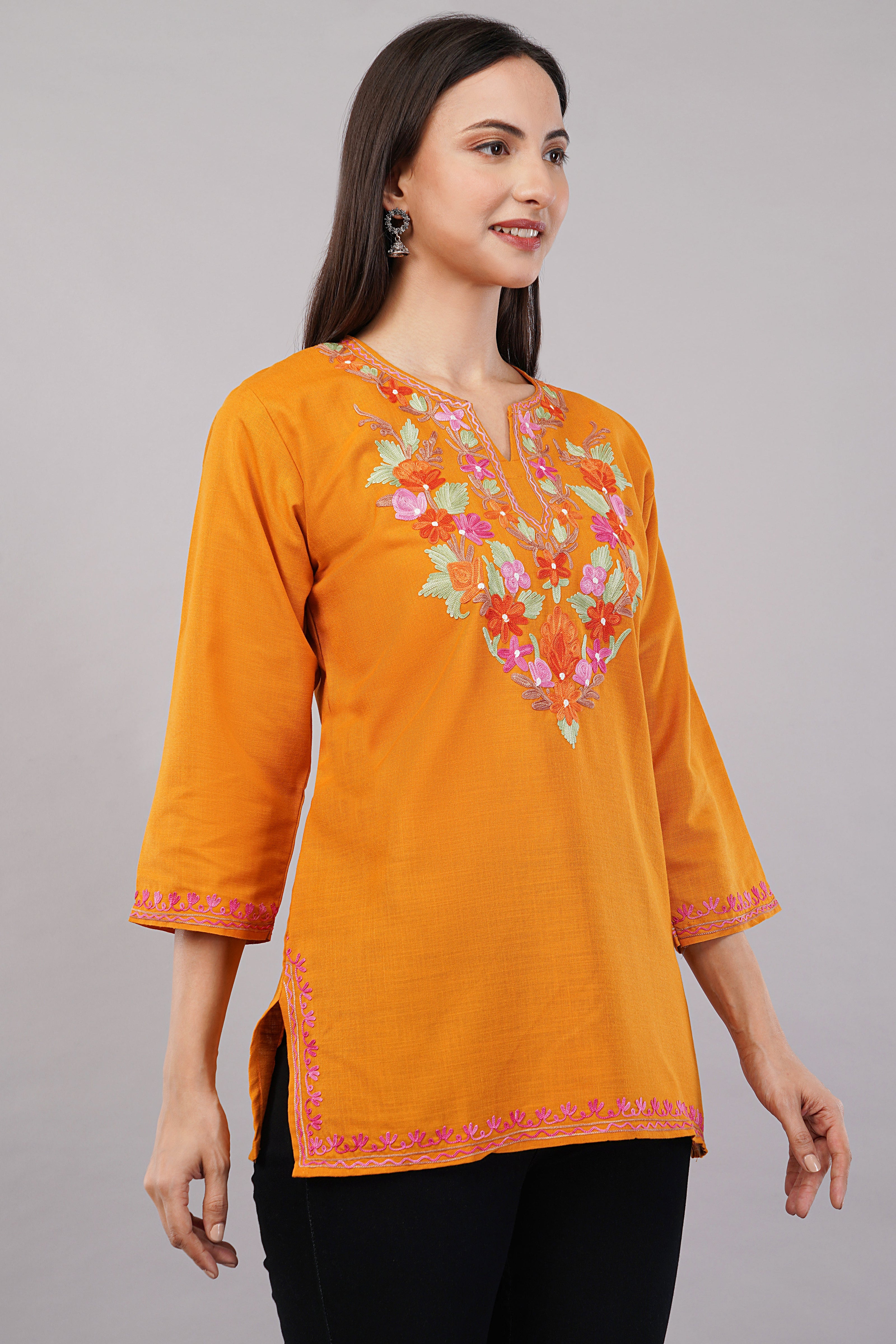 Saffron Bloom Kashmiri Kurti with Multicolour Aari Embroidery