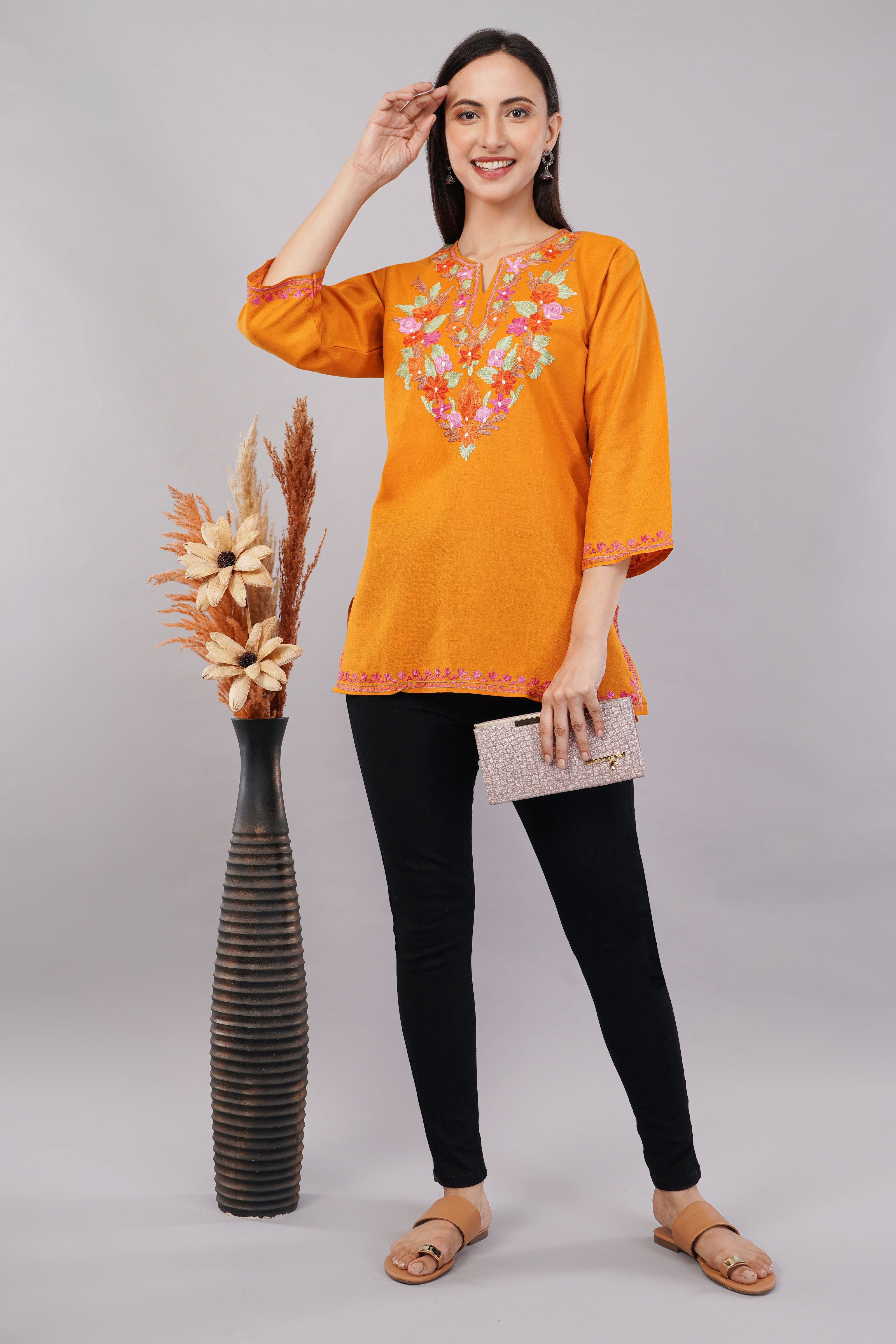 Saffron Bloom Kashmiri Kurti with Multicolour Aari Embroidery
