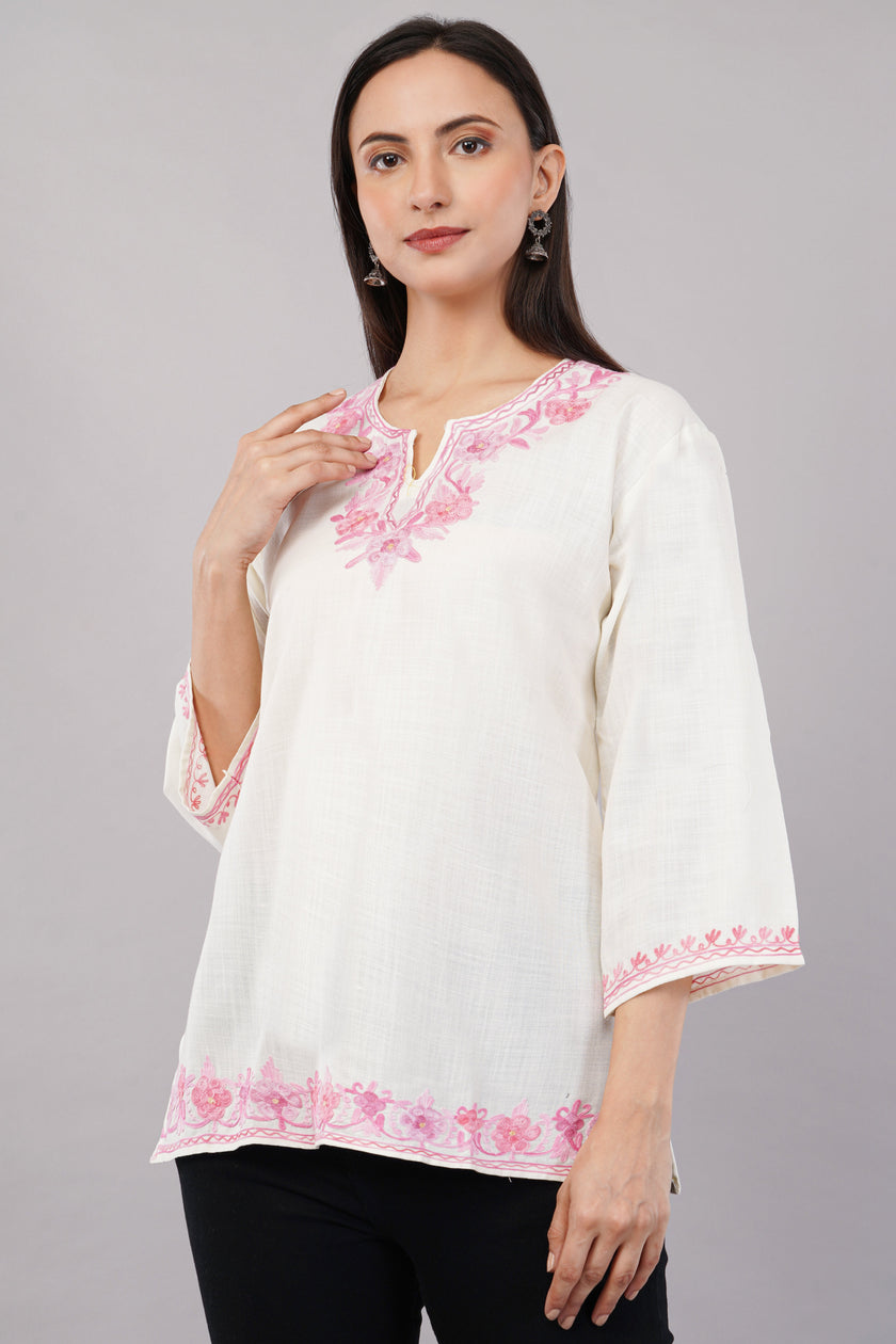 Ivory Grace Kashmiri Kurti with Blush Pink Aari