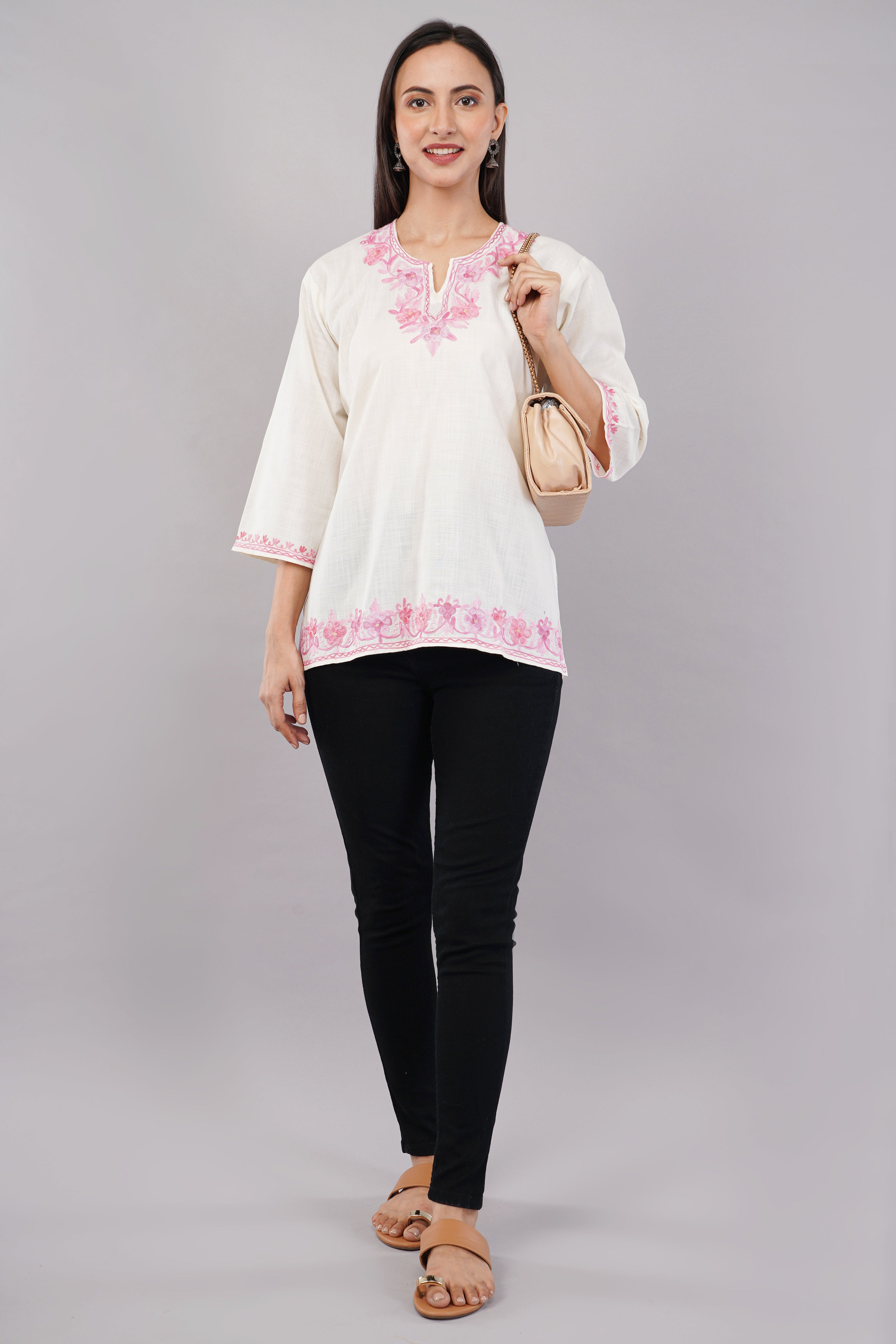 Ivory Grace Kashmiri Kurti with Blush Pink Aari