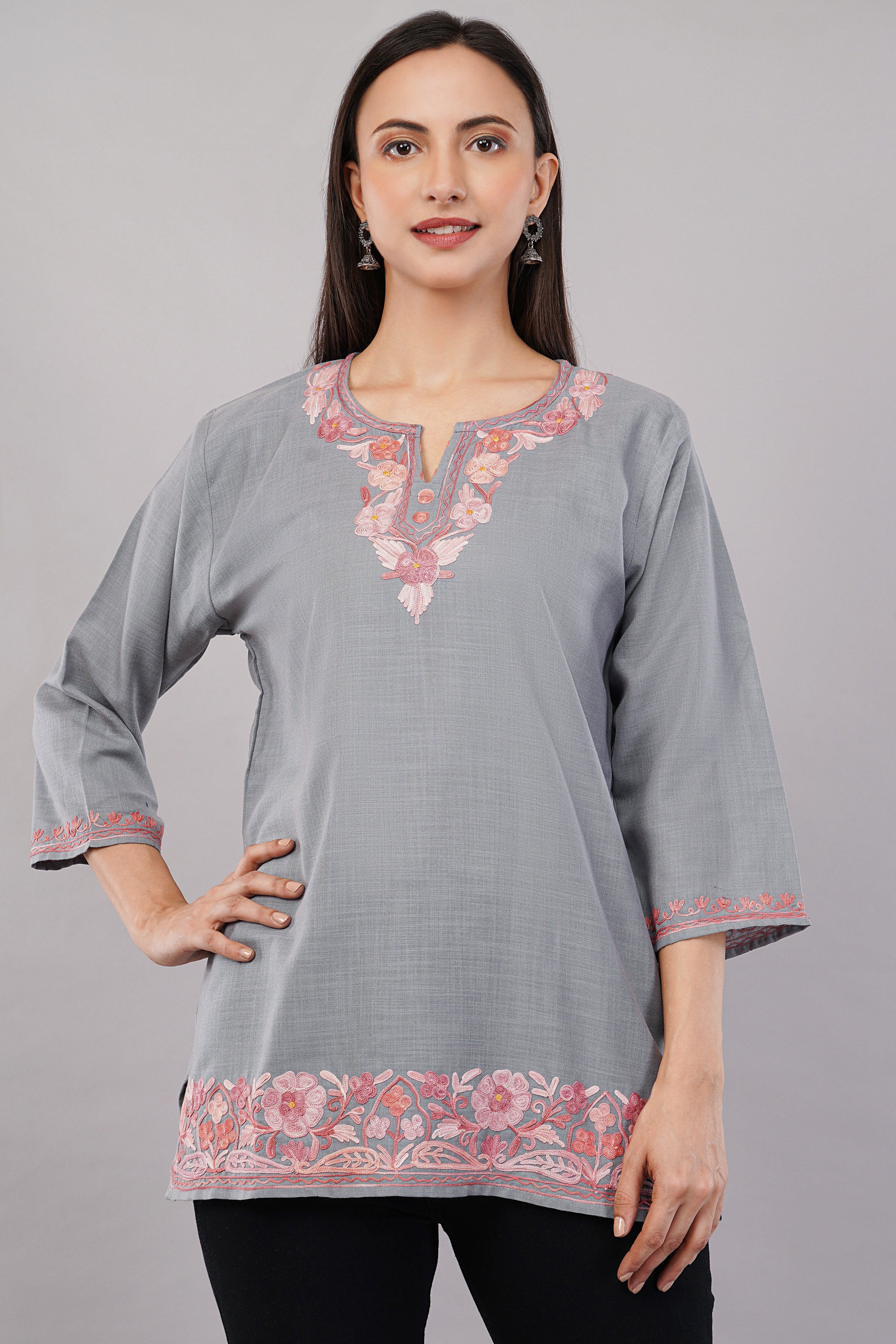 Pearl Grey Kashmiri Kurti with Rose Aari Embroidery