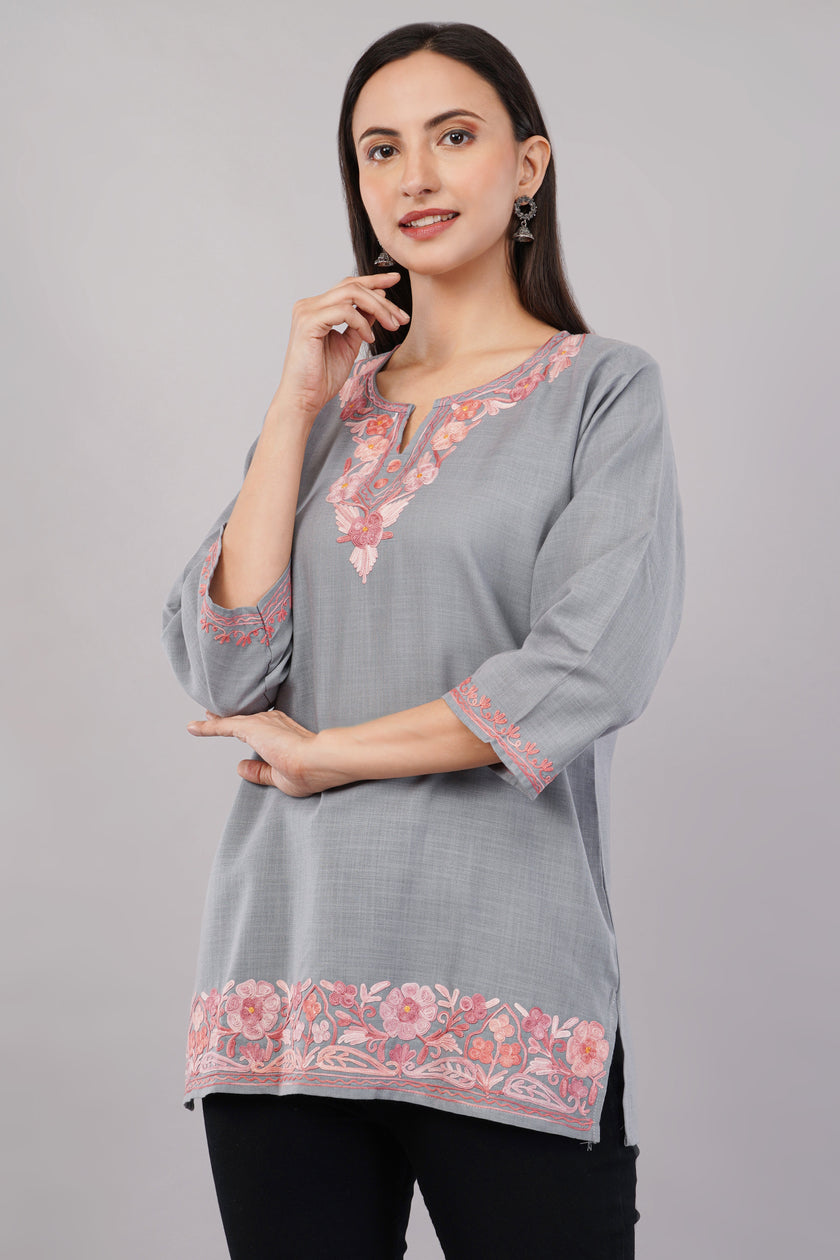 Pearl Grey Kashmiri Kurti with Rose Aari Embroidery