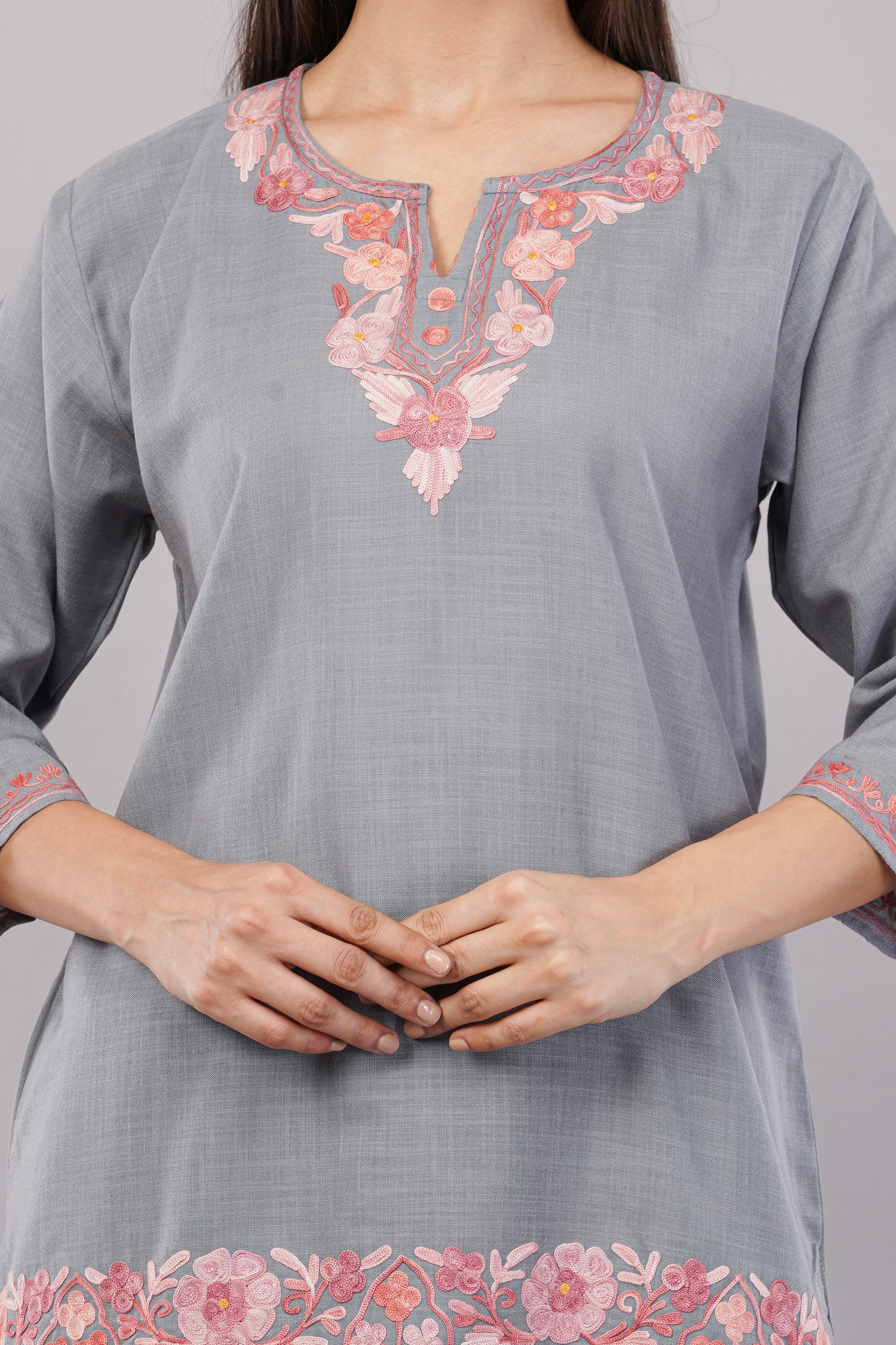 Pearl Grey Kashmiri Kurti with Rose Aari Embroidery