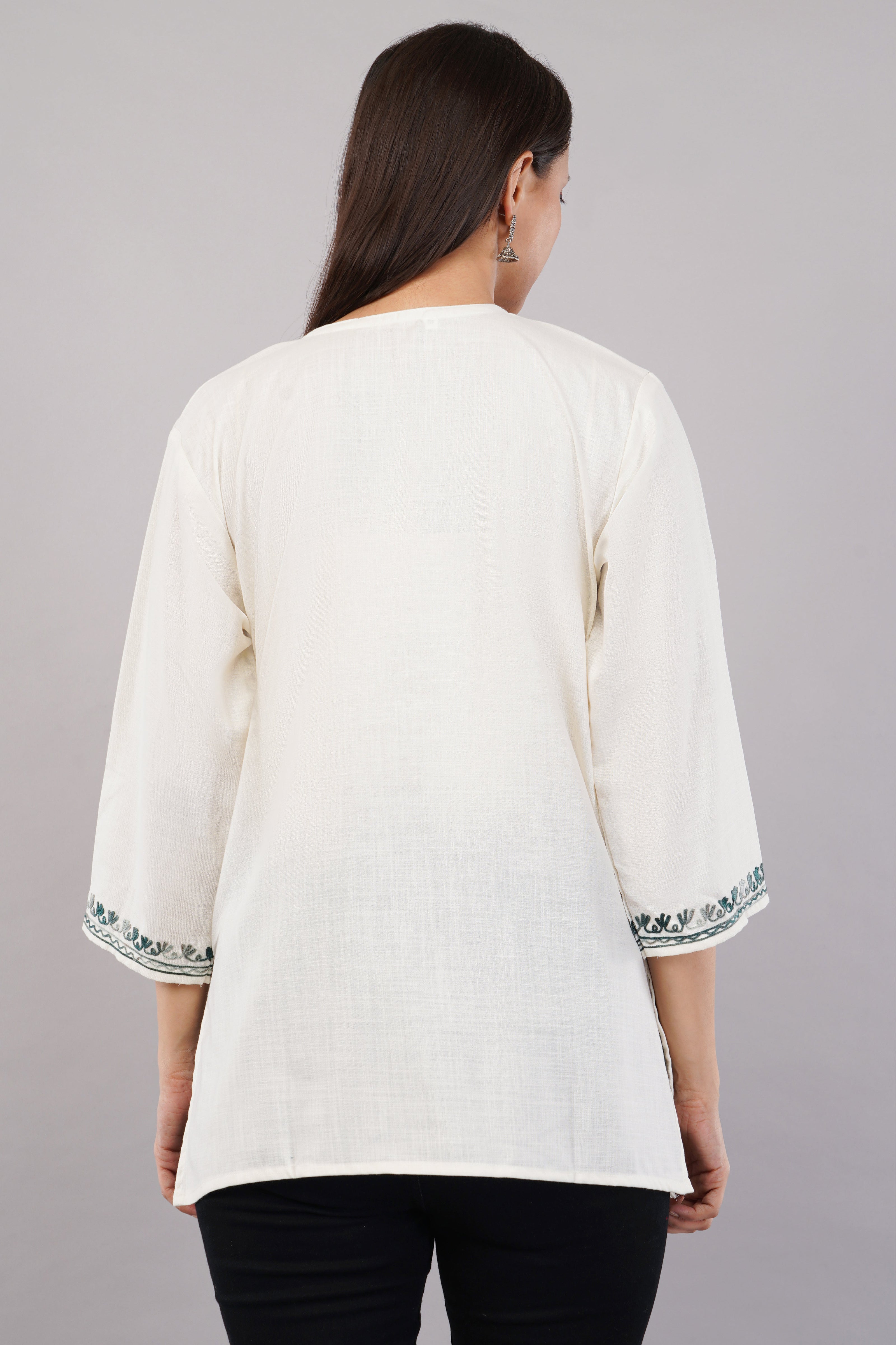 Ivory Grace Kashmiri Kurti with Forest Green Aari