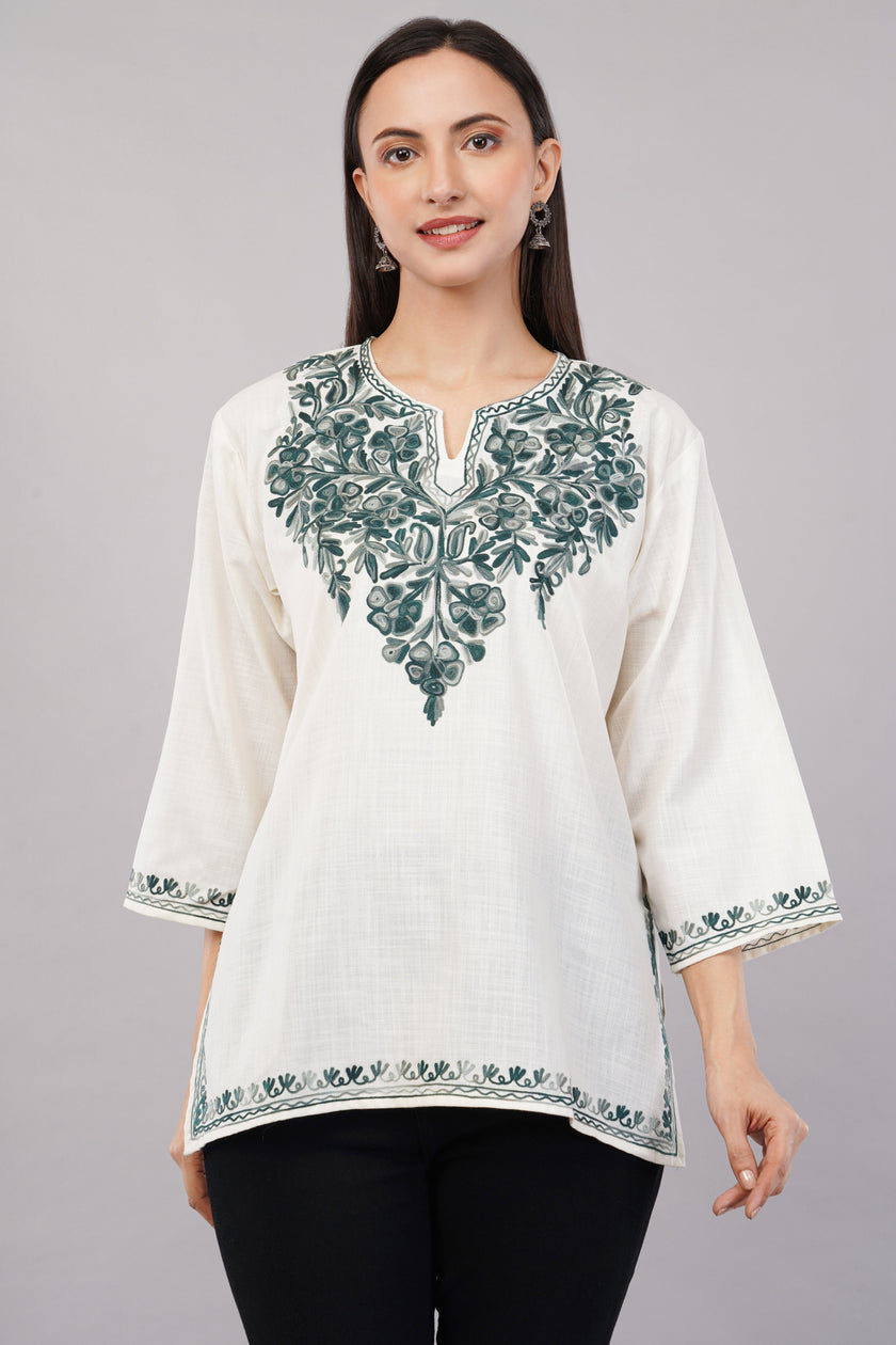 Ivory Grace Kashmiri Kurti with Forest Green Aari