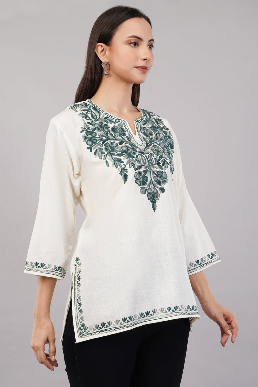 Ivory Grace Kashmiri Kurti with Forest Green Aari