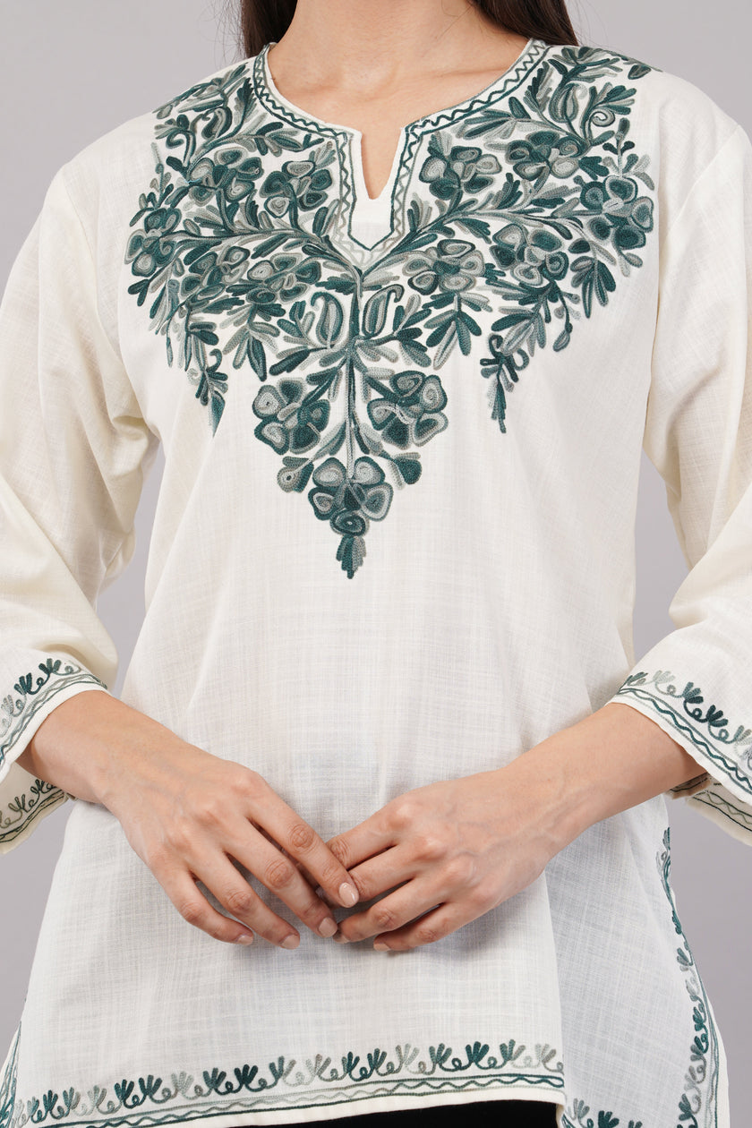 Ivory Grace Kashmiri Kurti with Forest Green Aari