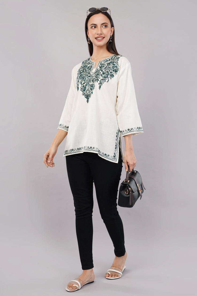 Ivory Grace Kashmiri Kurti with Forest Green Aari
