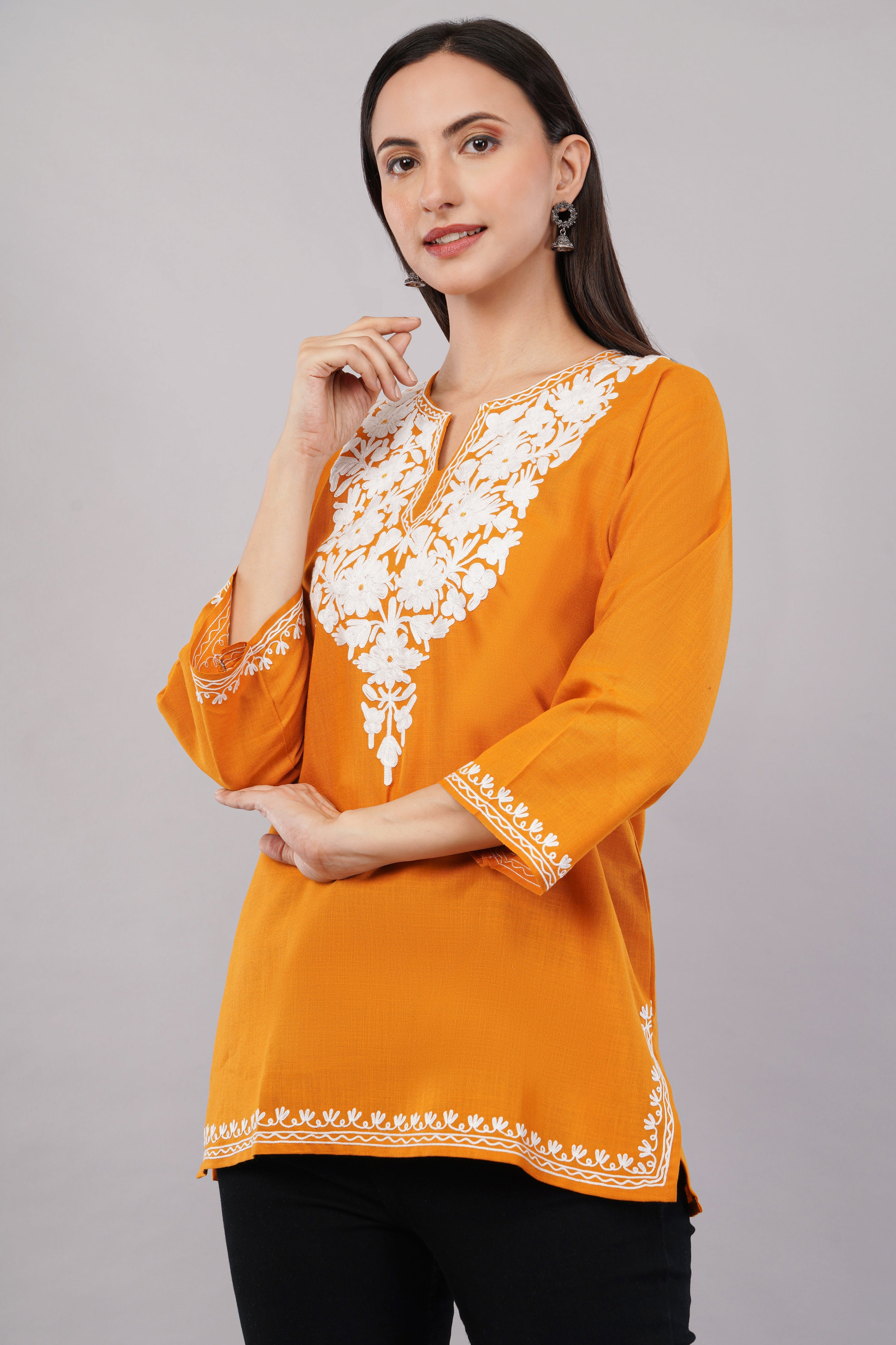 Amber Flare Kashmiri Kurti with Ivory White Aari