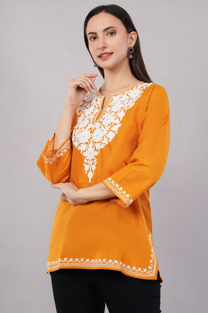 Amber Flare Kashmiri Kurti with Ivory White Aari