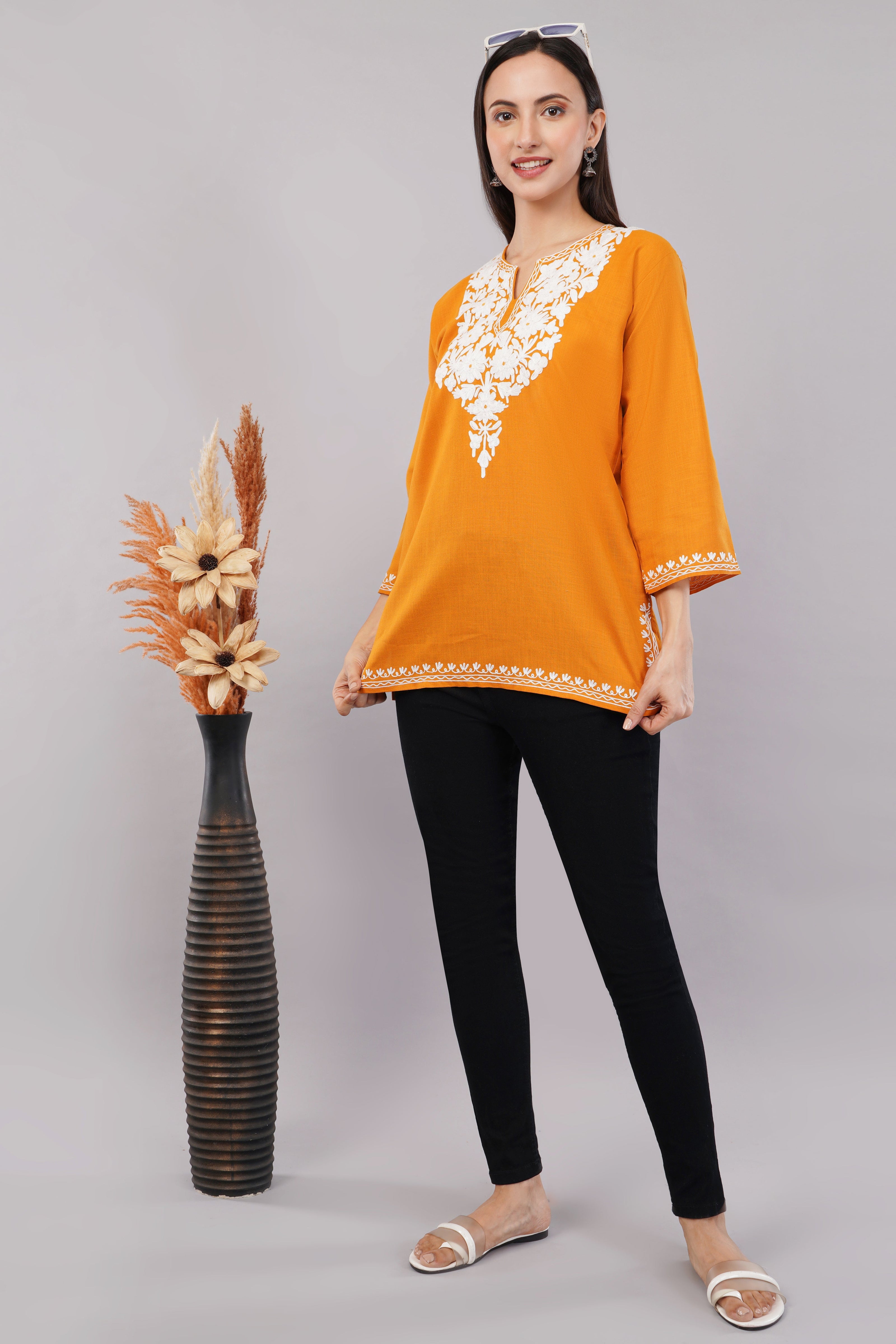Amber Flare Kashmiri Kurti with Ivory White Aari