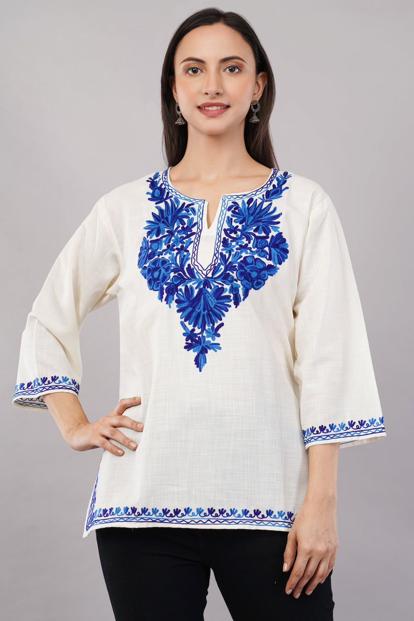 Ivory Charm Kashmiri Kurti with Azure Blue Aari