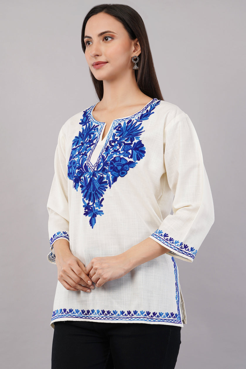 Ivory Charm Kashmiri Kurti with Azure Blue Aari
