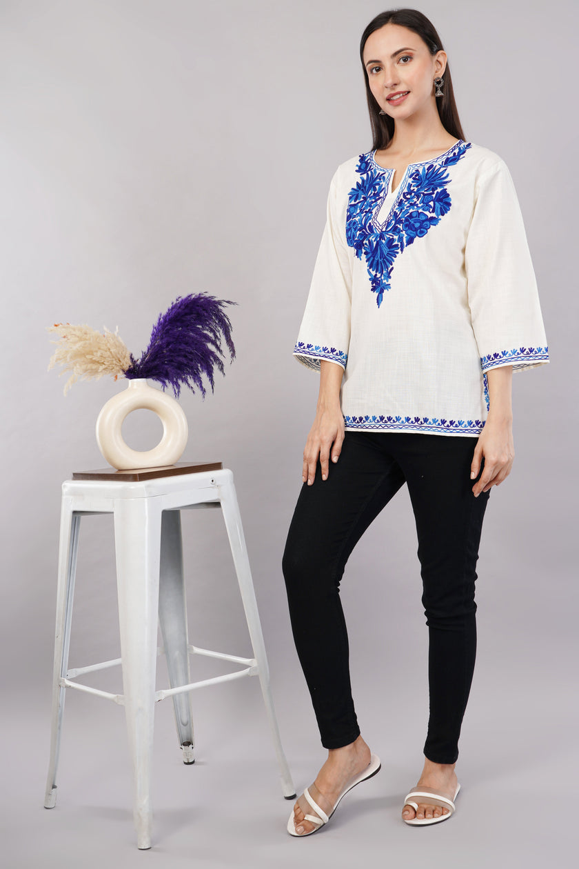 Ivory Charm Kashmiri Kurti with Azure Blue Aari