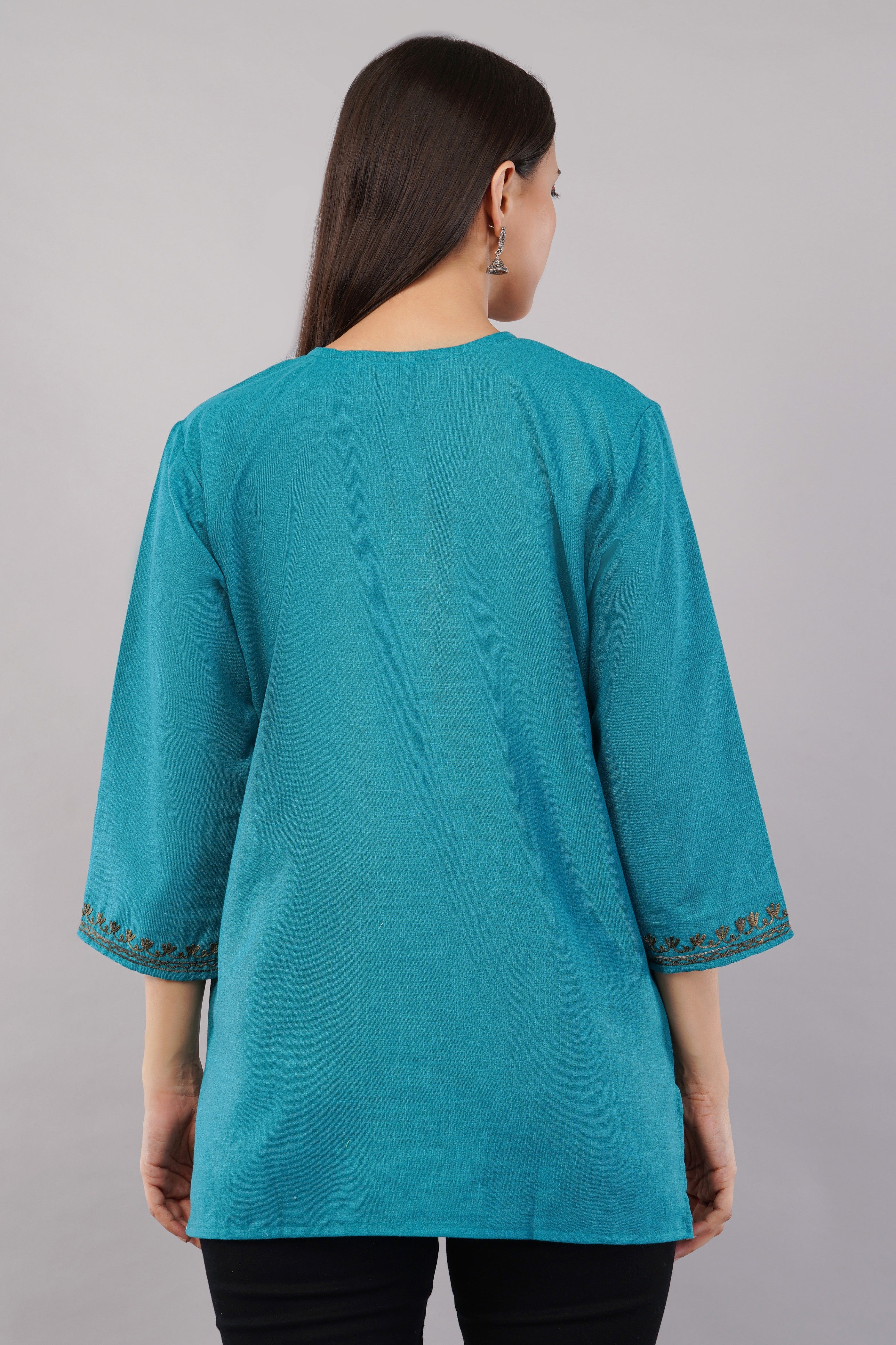 Teal Grove Kashmiri Kurti with Earth-Tone Aari Embroidery