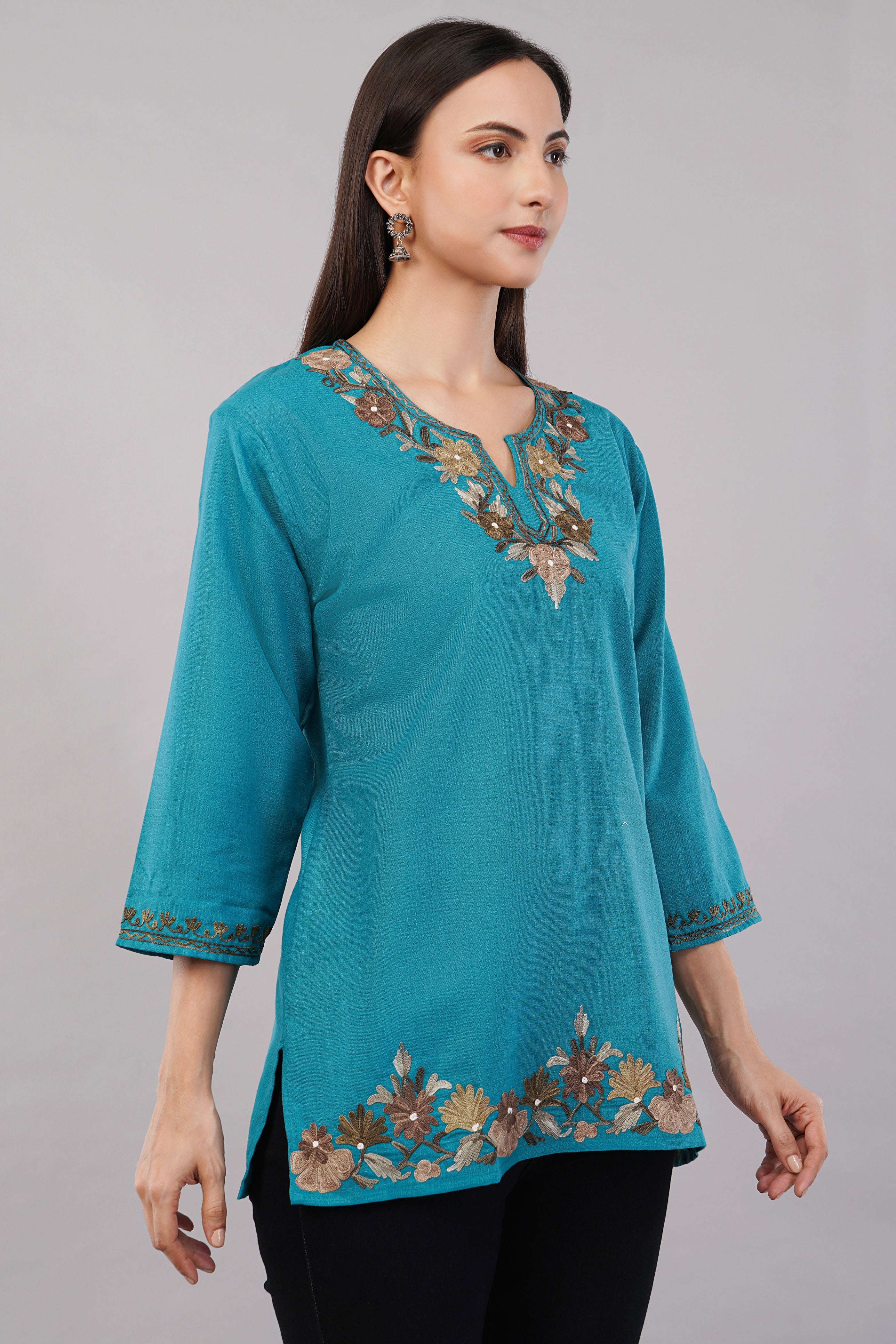 Teal Grove Kashmiri Kurti with Earth-Tone Aari Embroidery