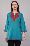 Teal Grove Kashmiri Kurti with Crimson Red Aari