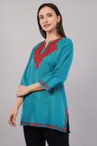 Teal Grove Kashmiri Kurti with Crimson Red Aari