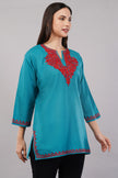 Teal Grove Kashmiri Kurti with Crimson Red Aari