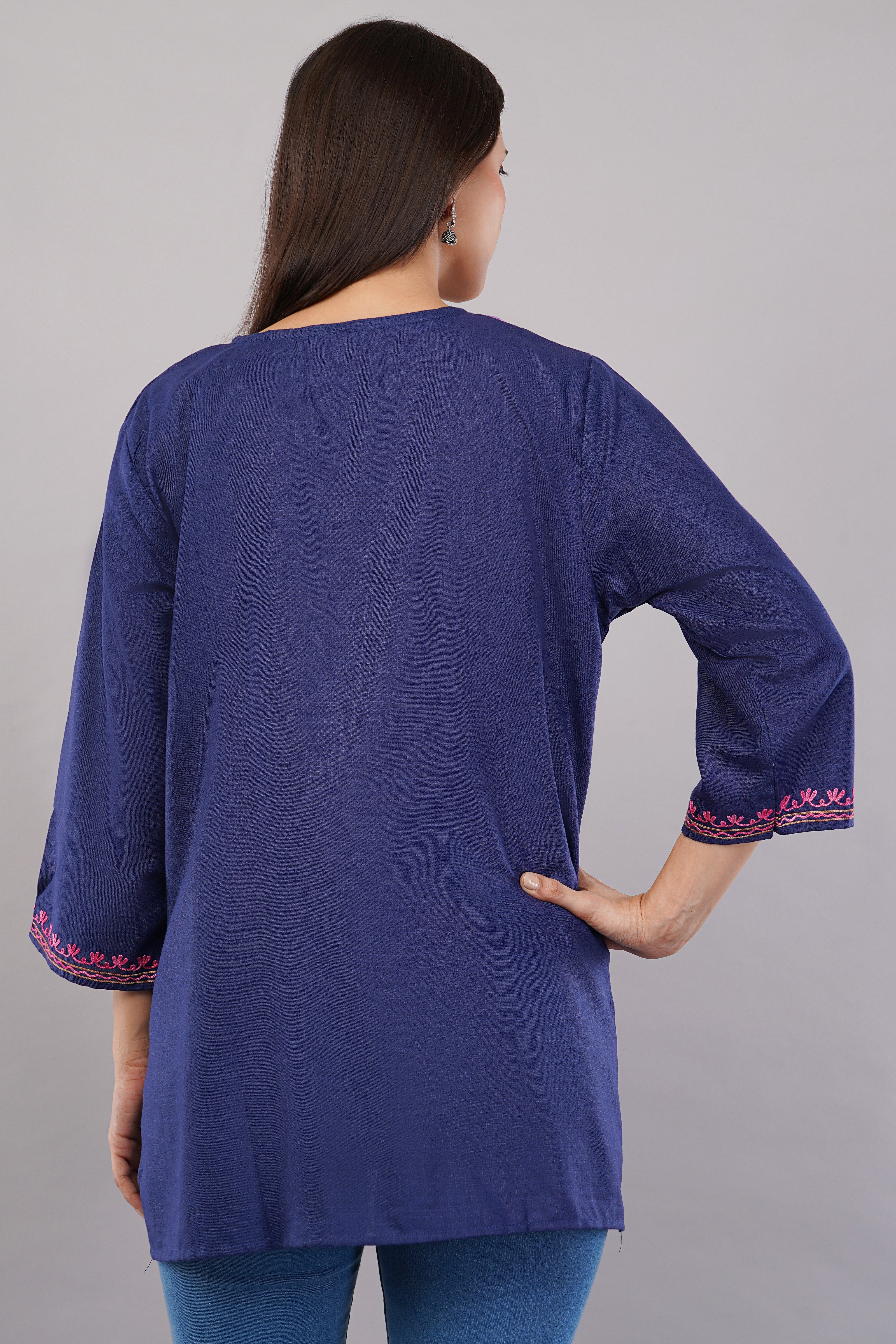Midnight Bloom Kashmiri Kurti with Multicolour Aari Embroidery