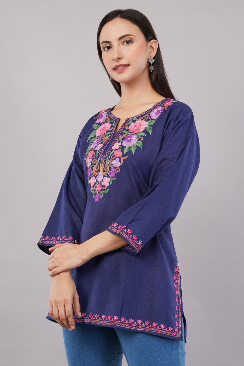 Midnight Bloom Kashmiri Kurti with Multicolour Aari Embroidery